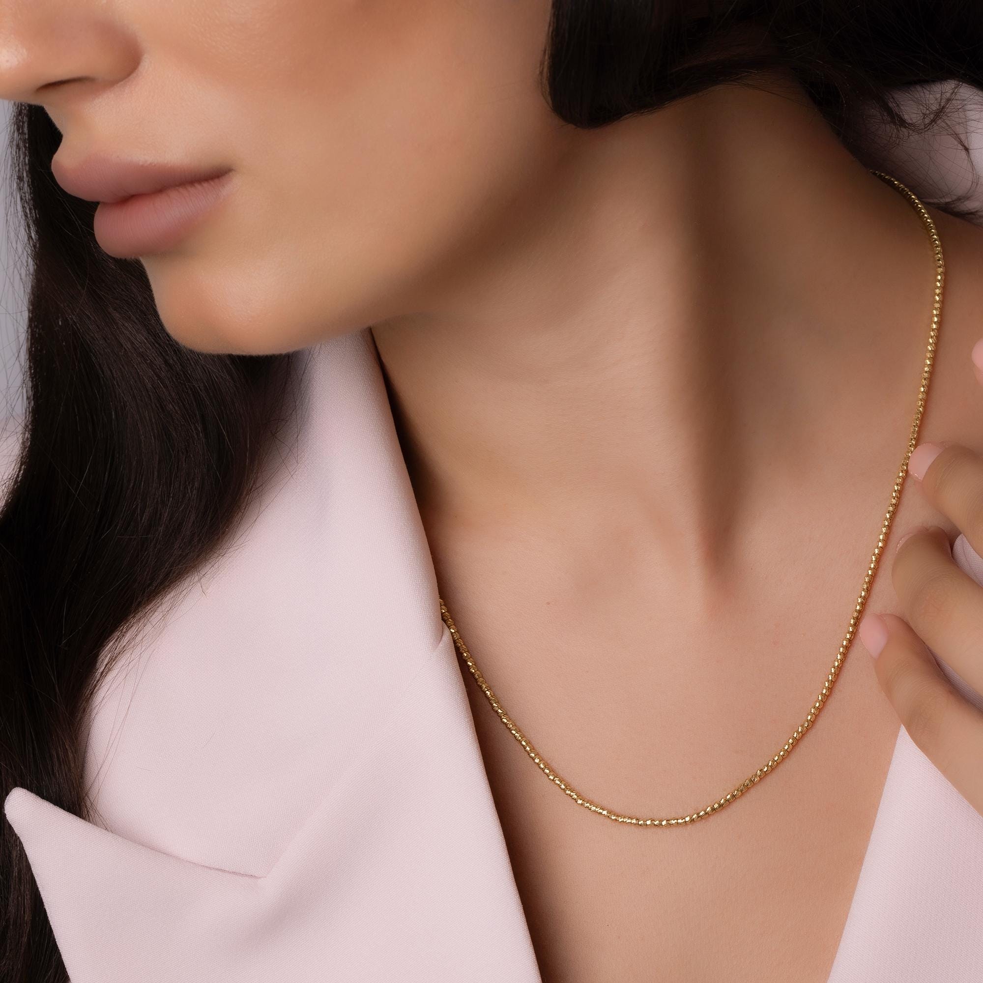 14K Solid Gold Beaded Chain Necklace – Dainty Minimalist Jewelry