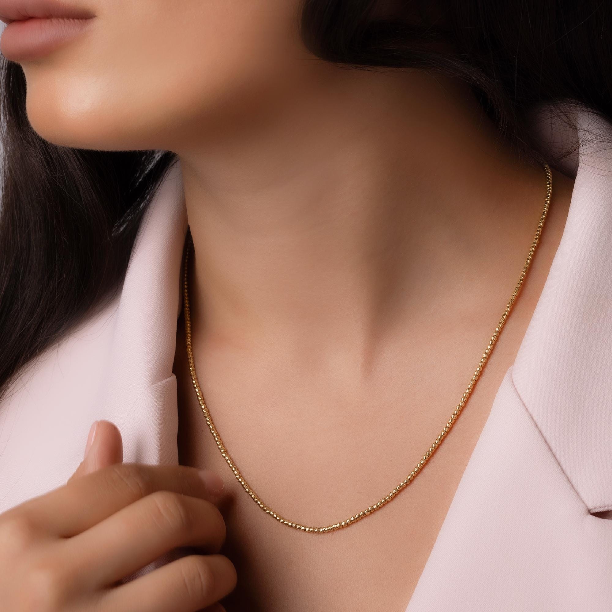 14K Solid Gold Beaded Chain Necklace – Dainty Minimalist Jewelry