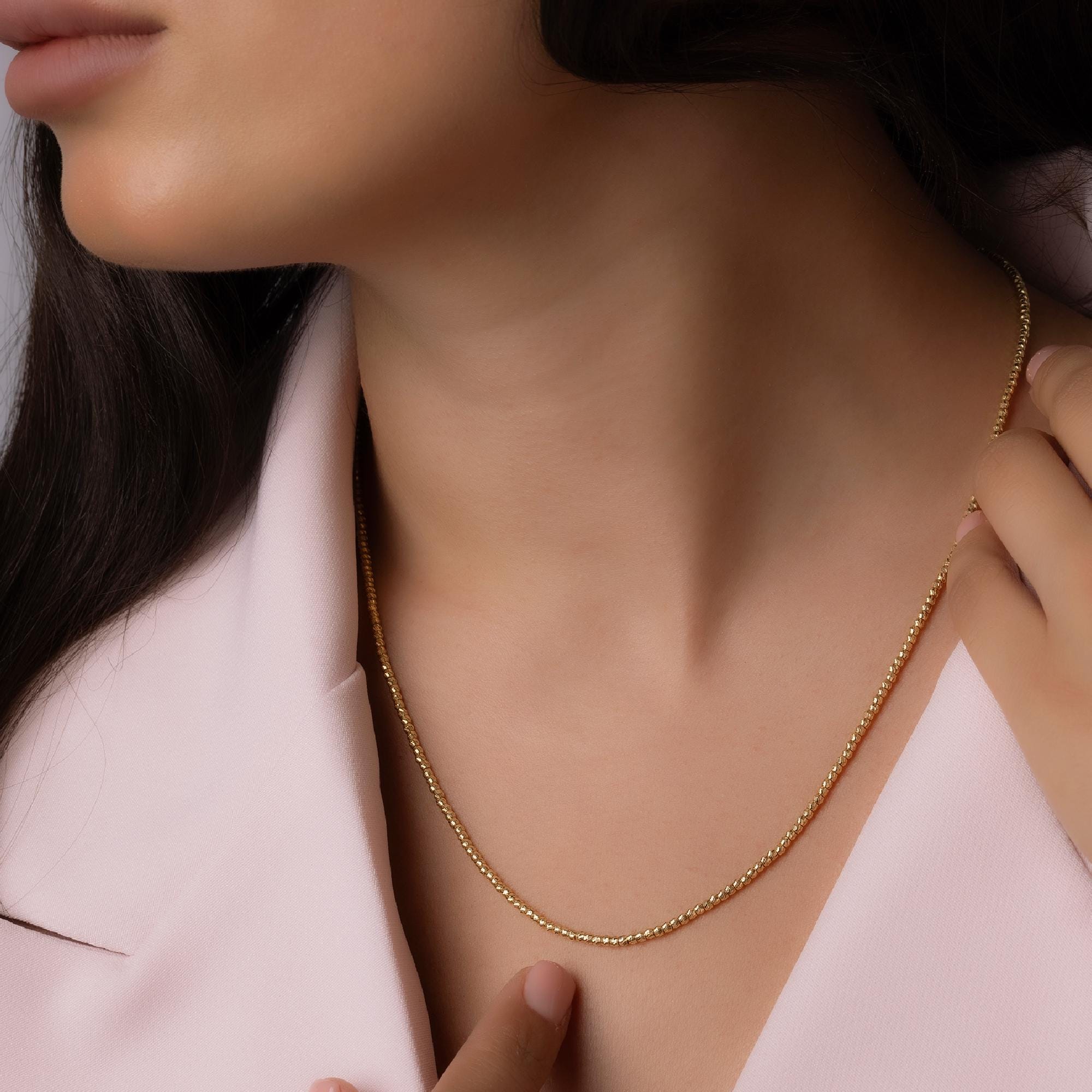 14K Solid Gold Beaded Chain Necklace – Dainty Minimalist Jewelry