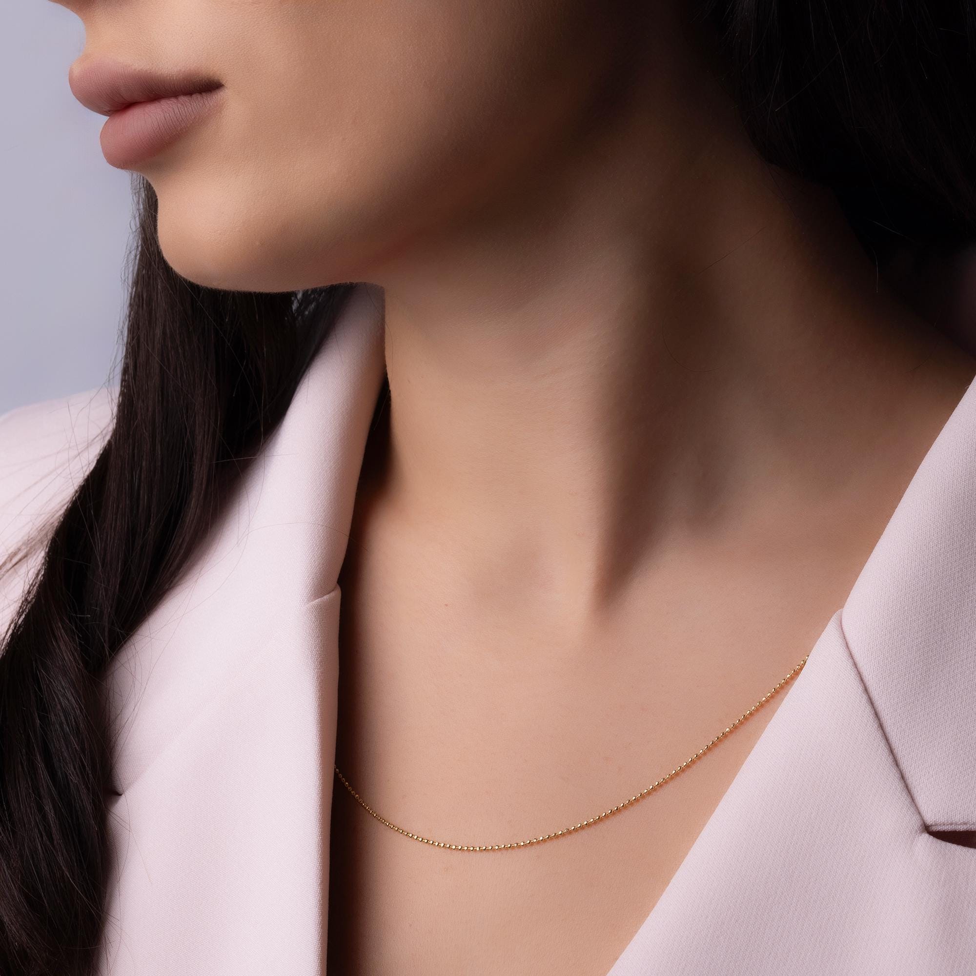 14K Solid Gold Beaded Chain Necklace – 2mm Real Gold Chain