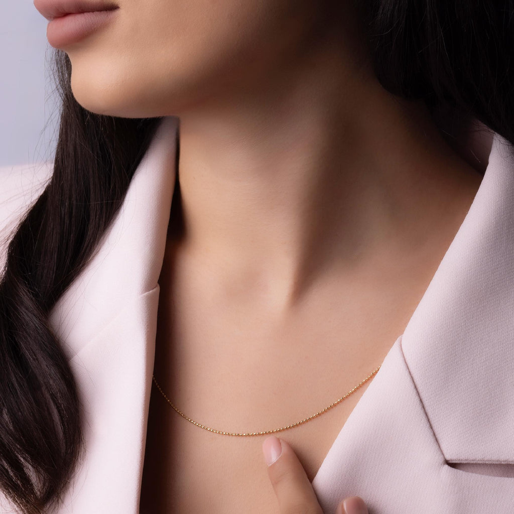 14K Solid Gold Beaded Chain Necklace – 2mm Real Gold Chain