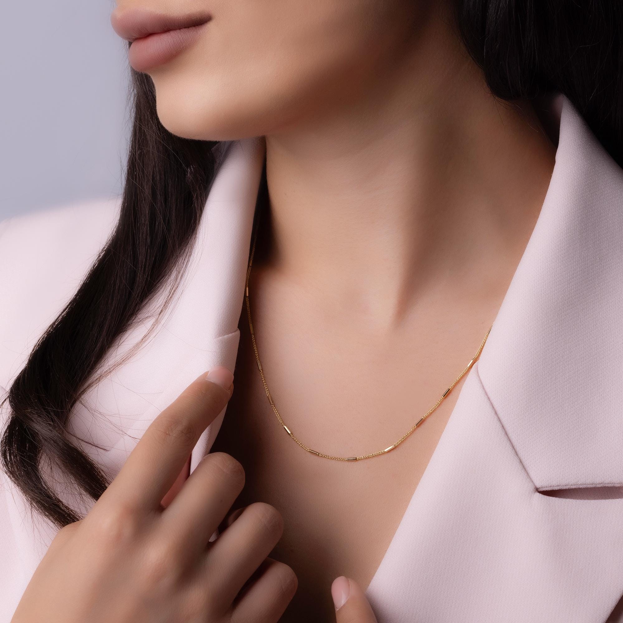 14K Solid Gold Bar Link Chain Necklace – Dainty Minimalist Jewelry