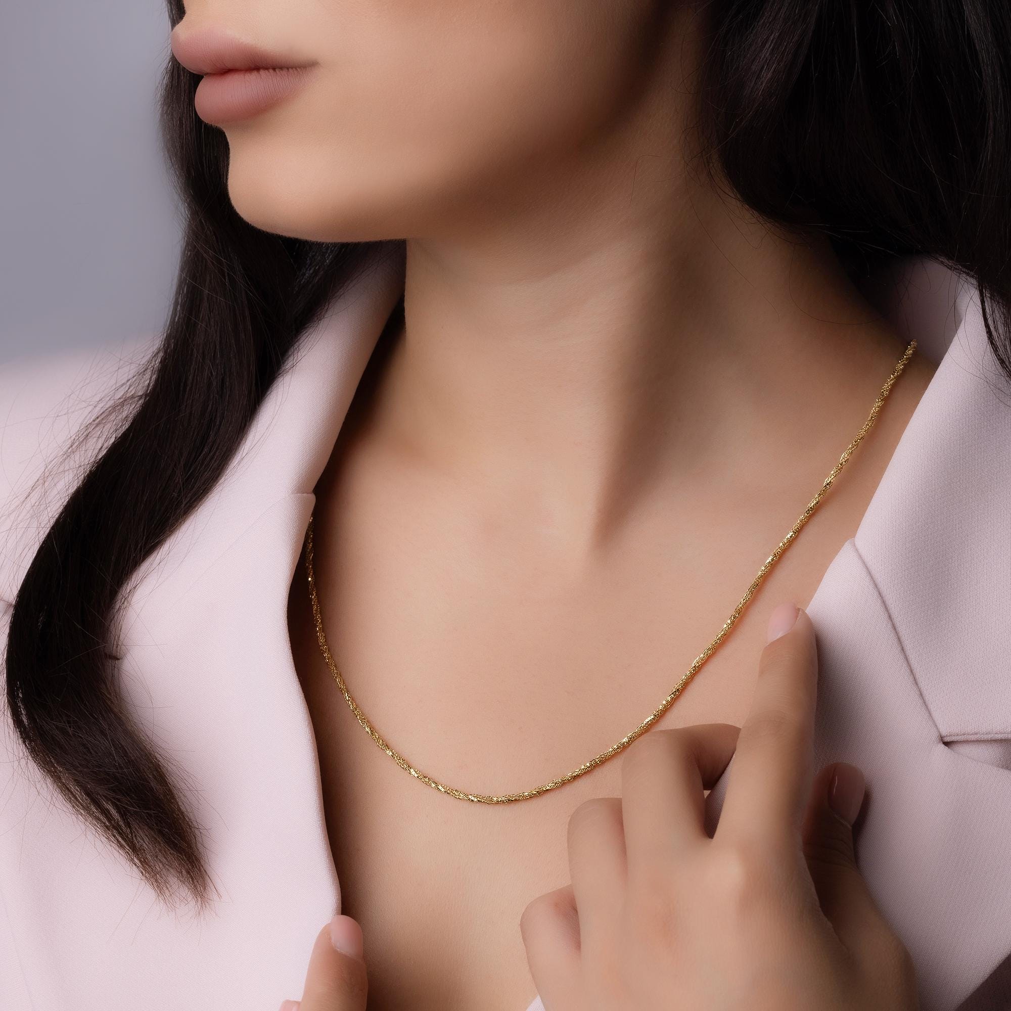 14K Solid Gold Twisted Rope Chain Necklace – Elegant Textured Jewelry