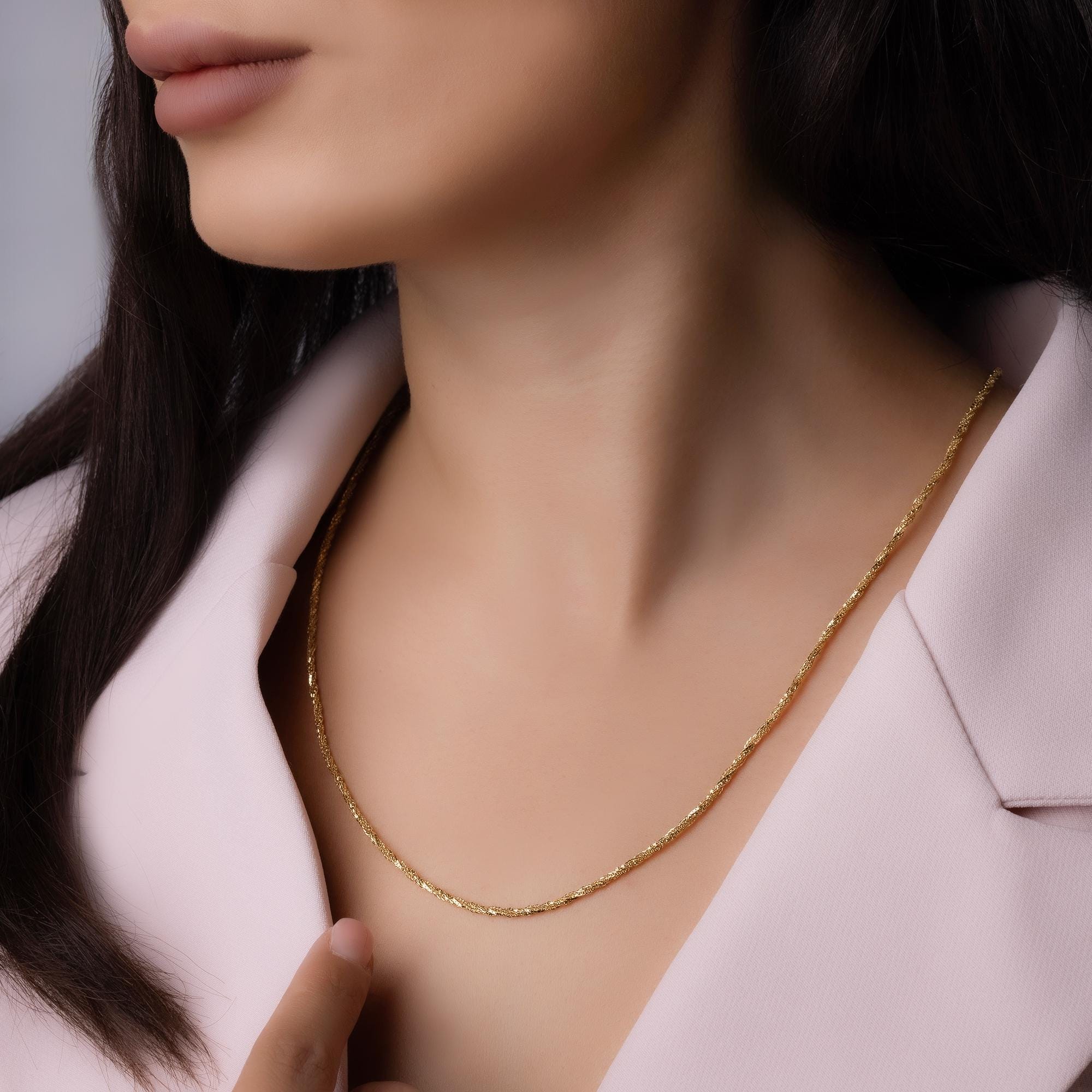 14K Solid Gold Twisted Rope Chain Necklace – Elegant Textured Jewelry