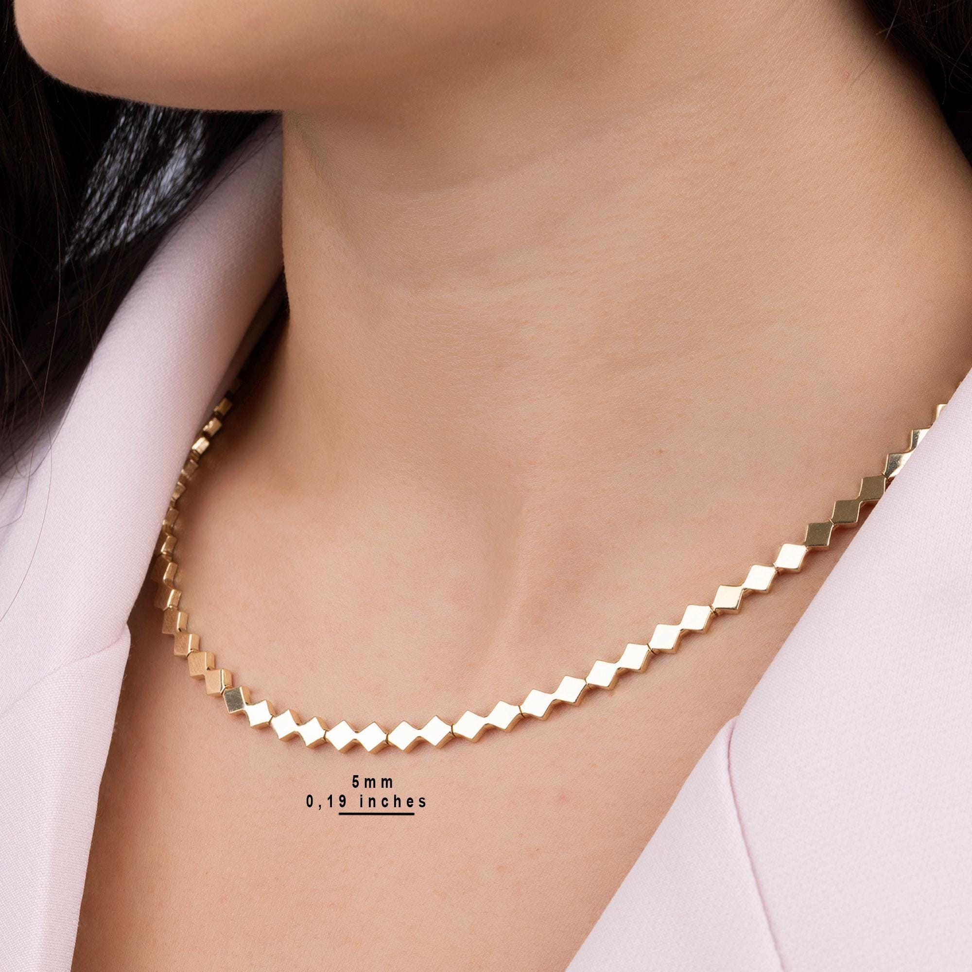 14K Solid Gold Geometric Necklace - Modern Square Link Chain