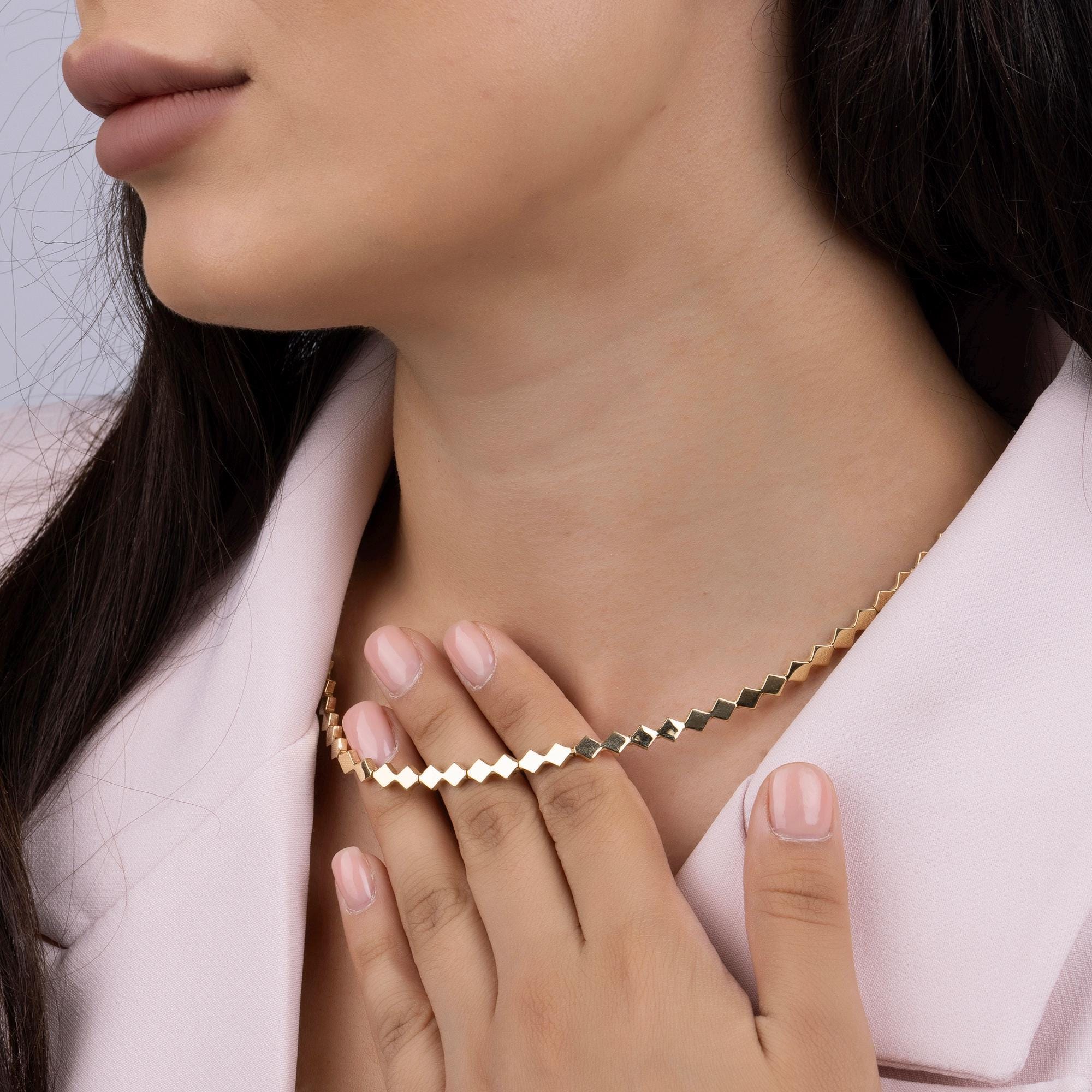 14K Solid Gold Geometric Necklace - Modern Square Link Chain