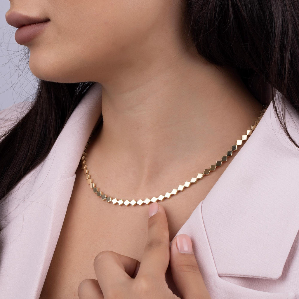 14K Solid Gold Geometric Necklace - Modern Square Link Chain