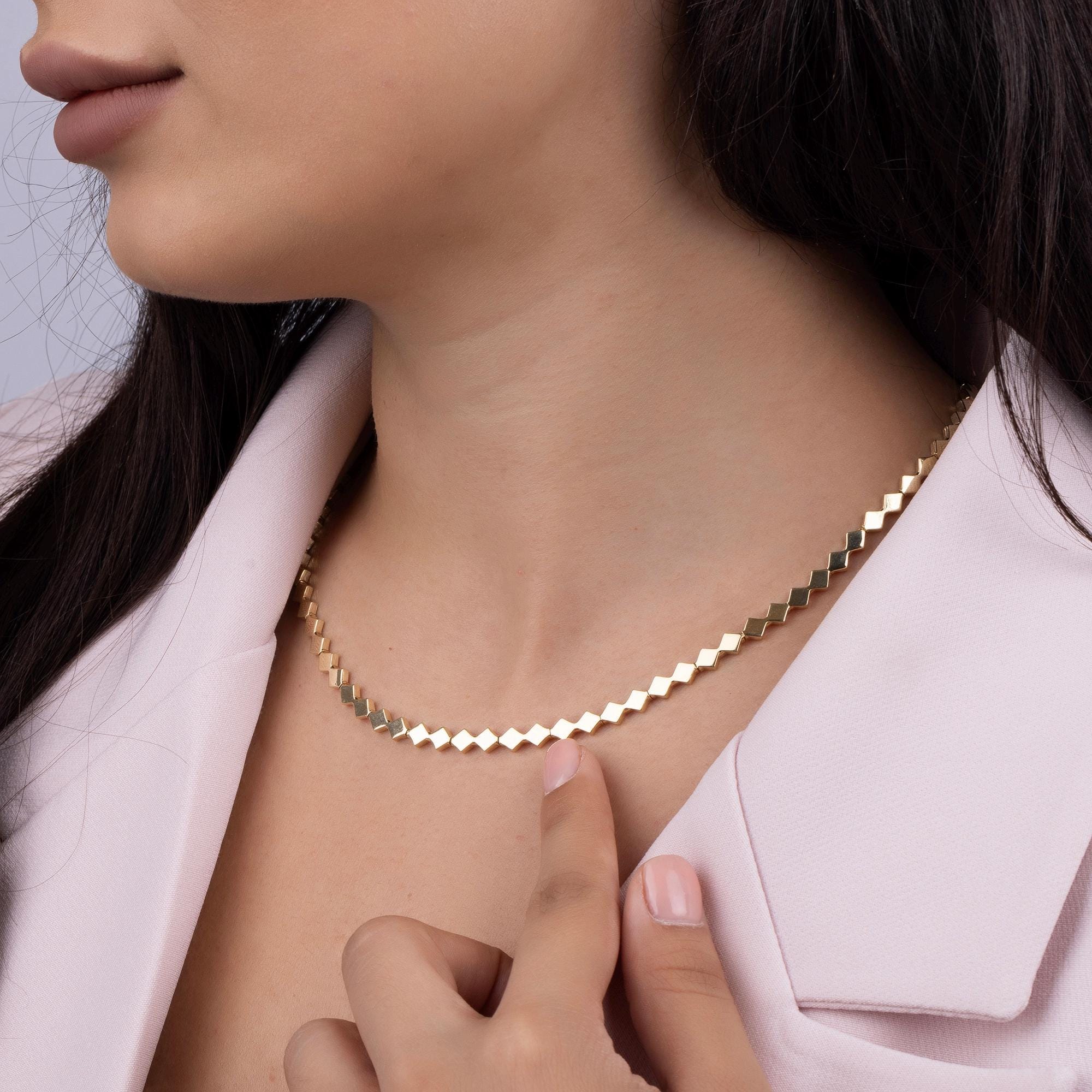 14K Solid Gold Geometric Necklace - Modern Square Link Chain