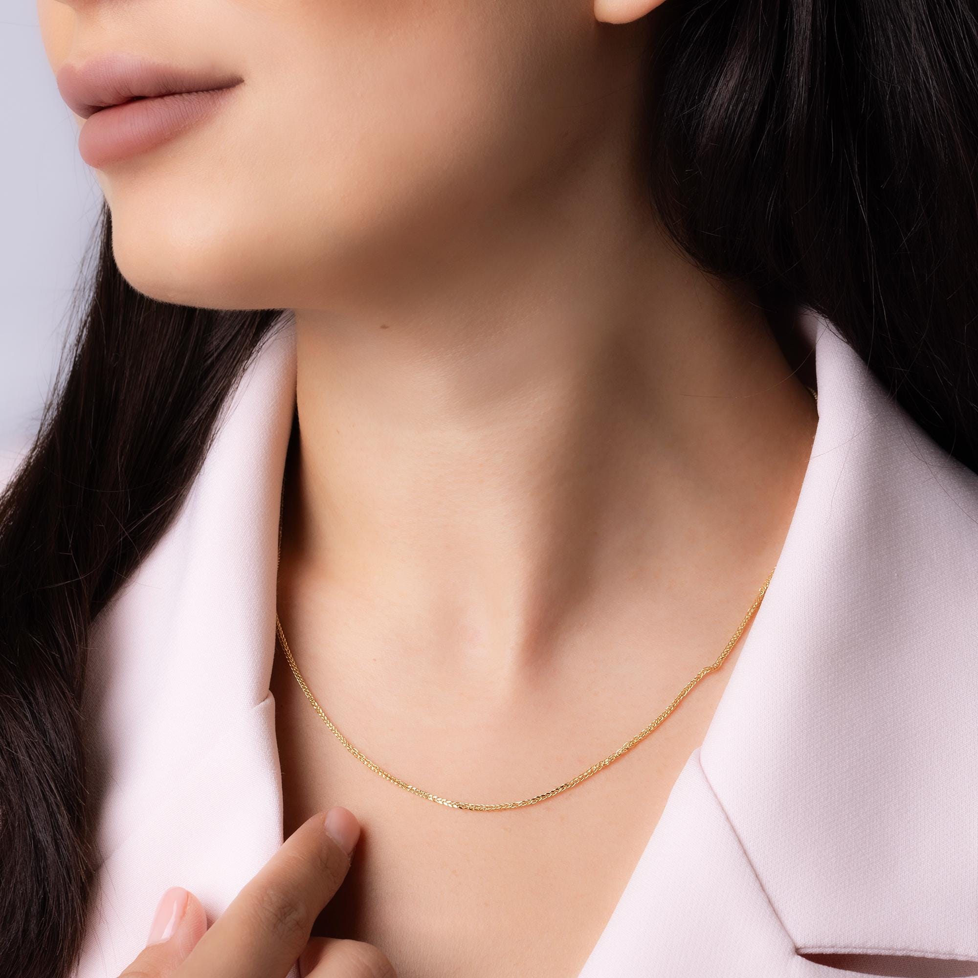 14K Solid Gold Herringbone Chain Necklace - Real Gold Flat Snake Chain