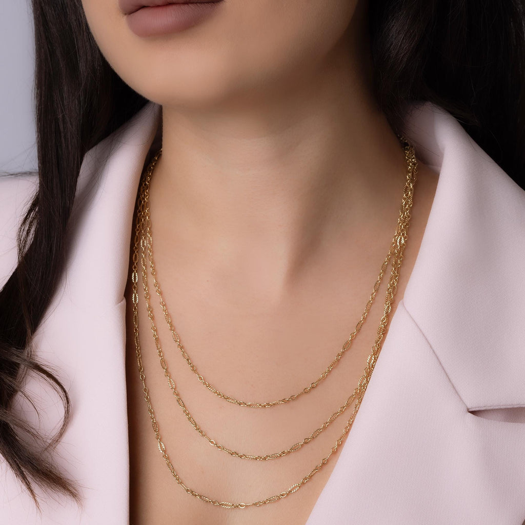 14K Solid Gold Layered Figaro Chain Necklace – Triple Strand Real Gold Jewelry