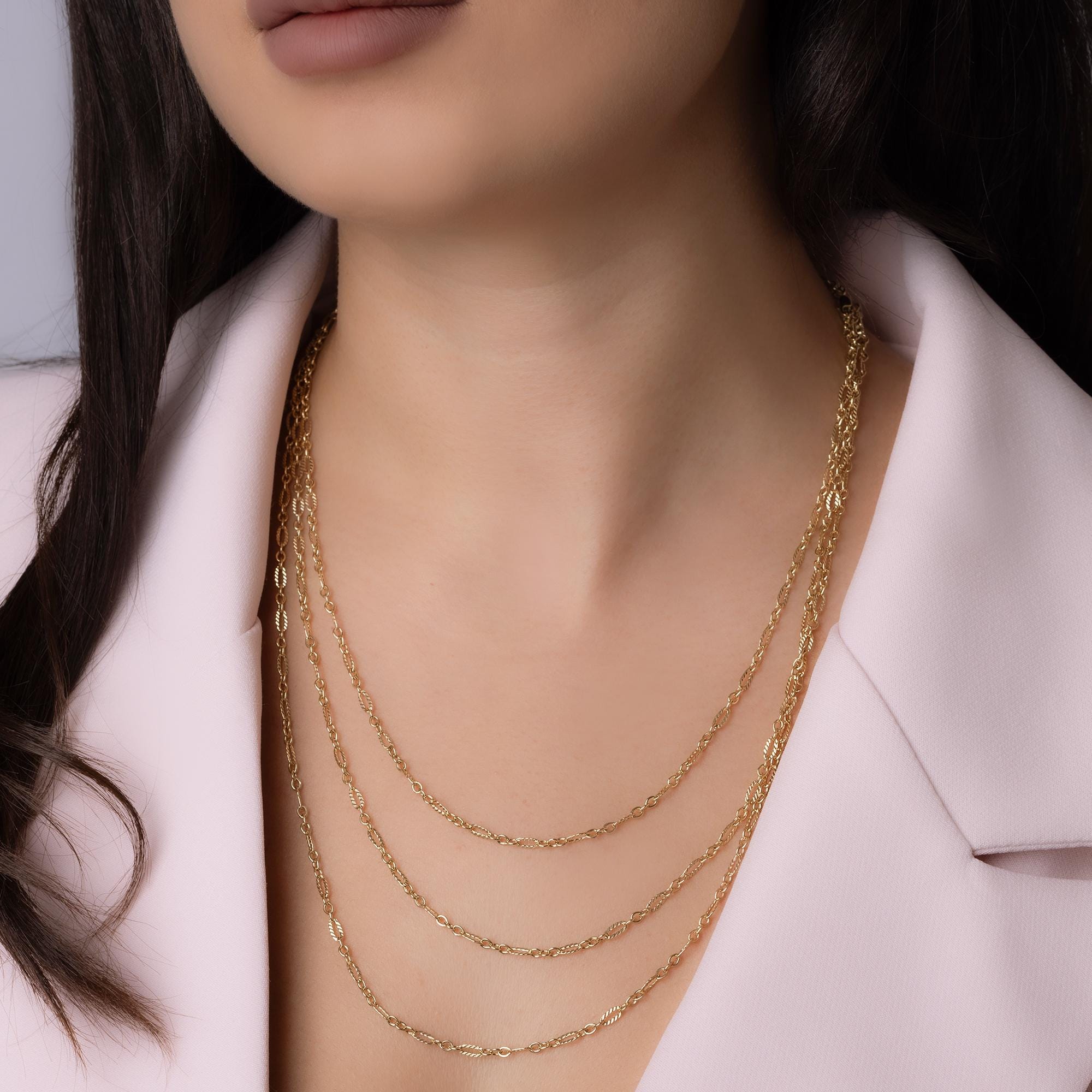 14K Solid Gold Layered Figaro Chain Necklace – Triple Strand Real Gold Jewelry