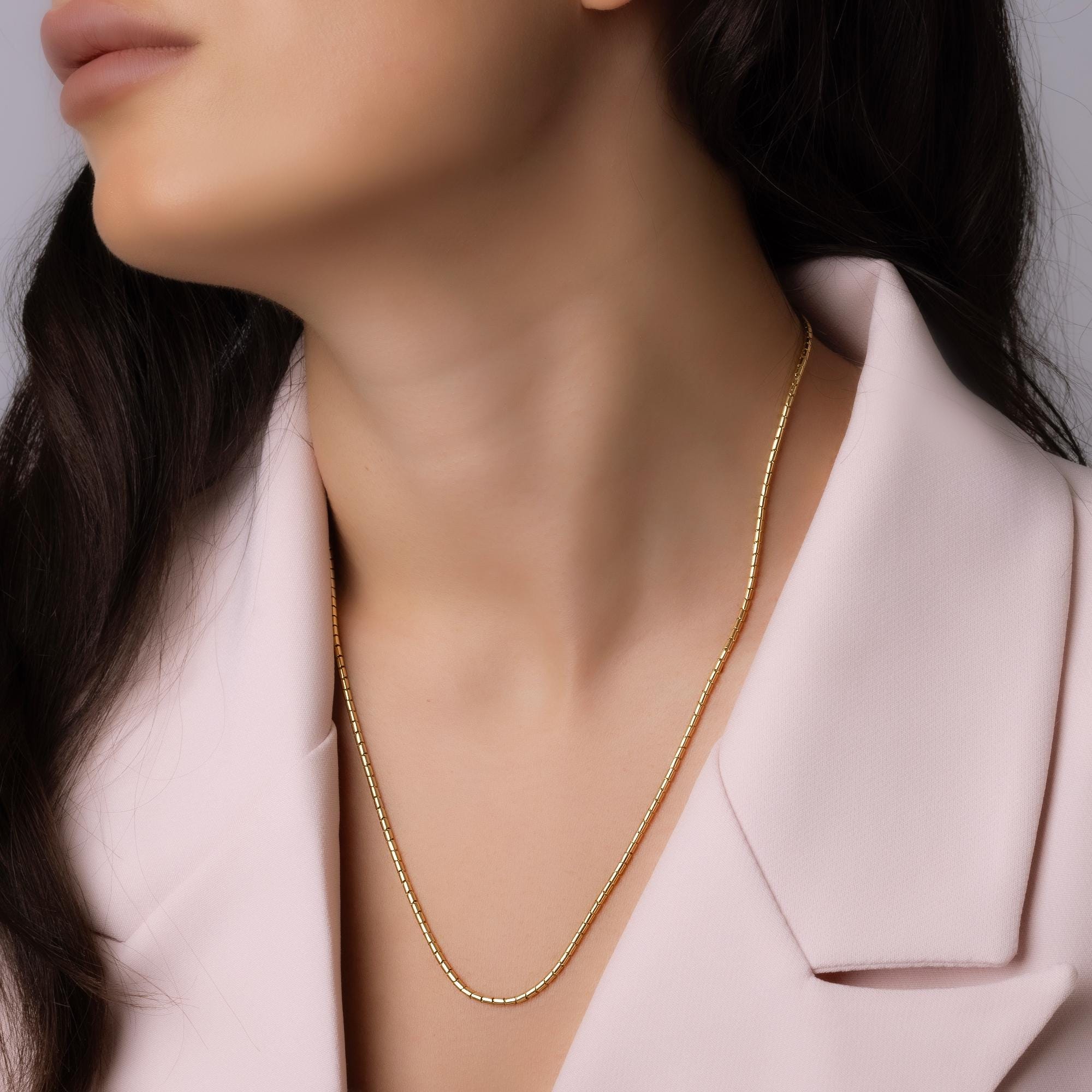 14K Solid Gold Flat Chain Necklace - Minimalist Gold Chain