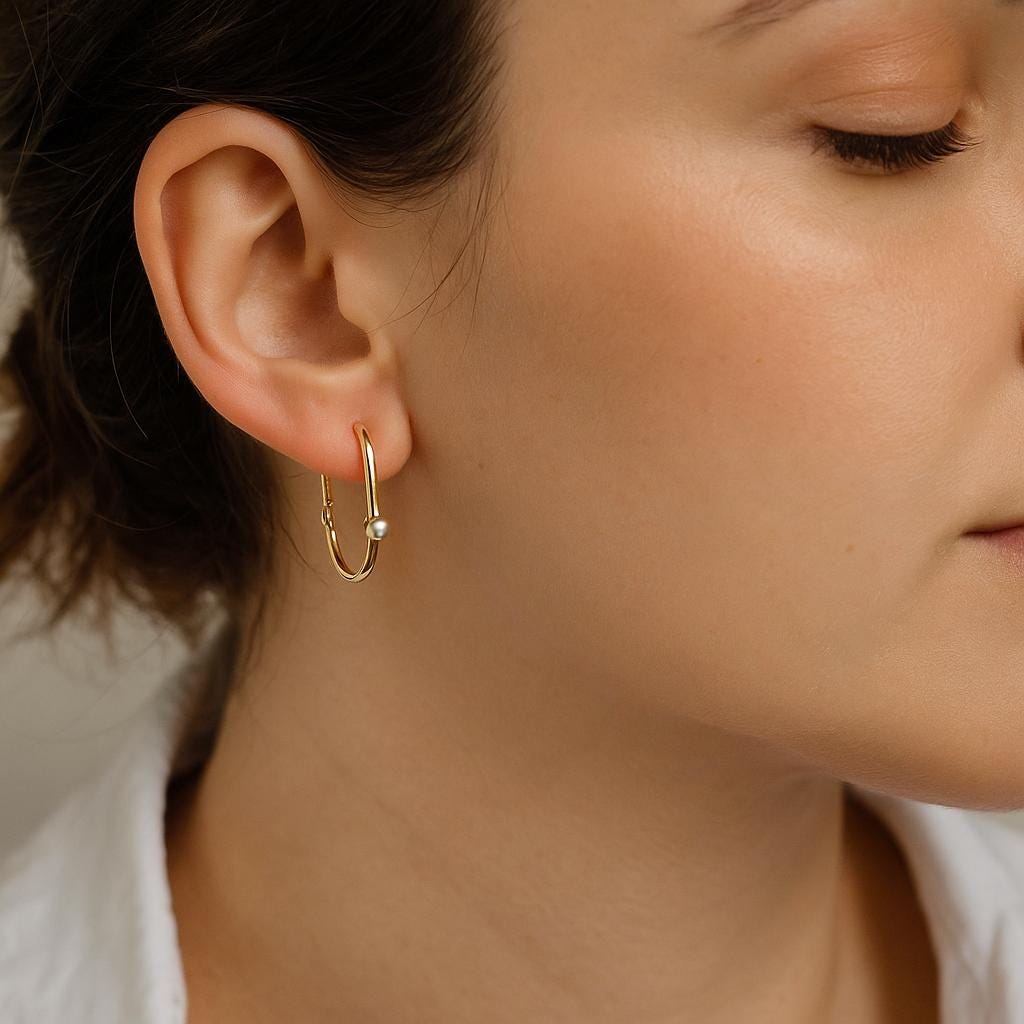 14K Solid Gold Hoop Earrings with Tiny Pearl - Minimalist Real Gold Jewelry