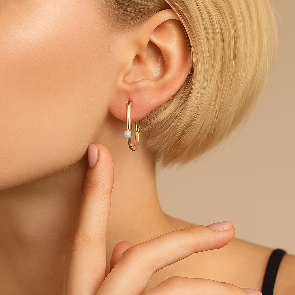14K Solid Gold Hoop Earrings with Tiny Pearl - Minimalist Real Gold Jewelry