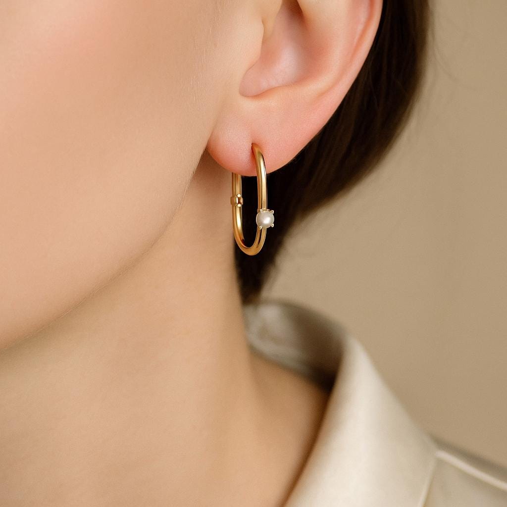 14K Solid Gold Hoop Earrings with Tiny Pearl - Minimalist Real Gold Jewelry