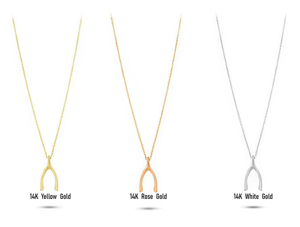 14K Solid Gold Wishbone Necklace - Dainty Lucky Charm Pendant