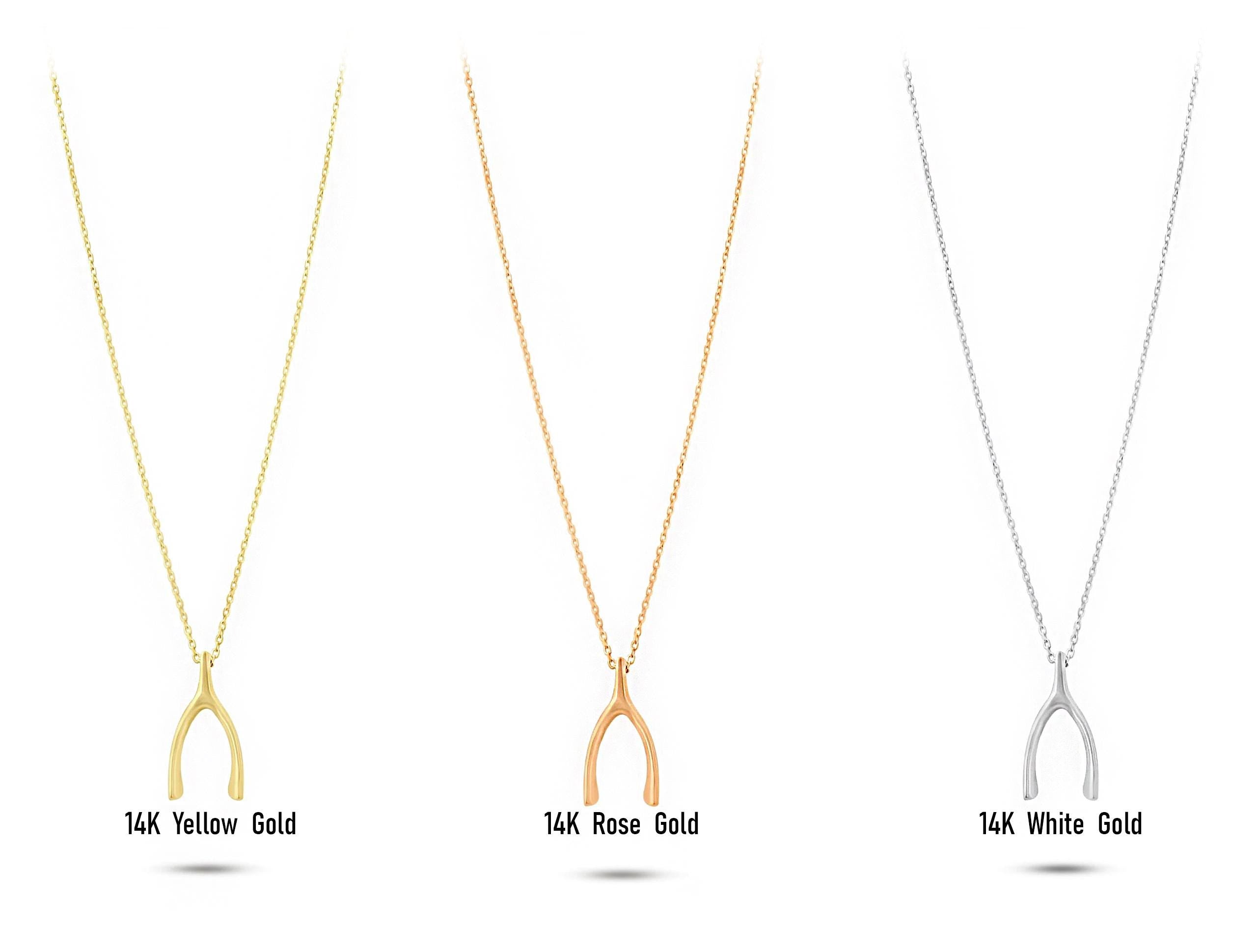 14K Solid Gold Wishbone Necklace - Dainty Lucky Charm Pendant