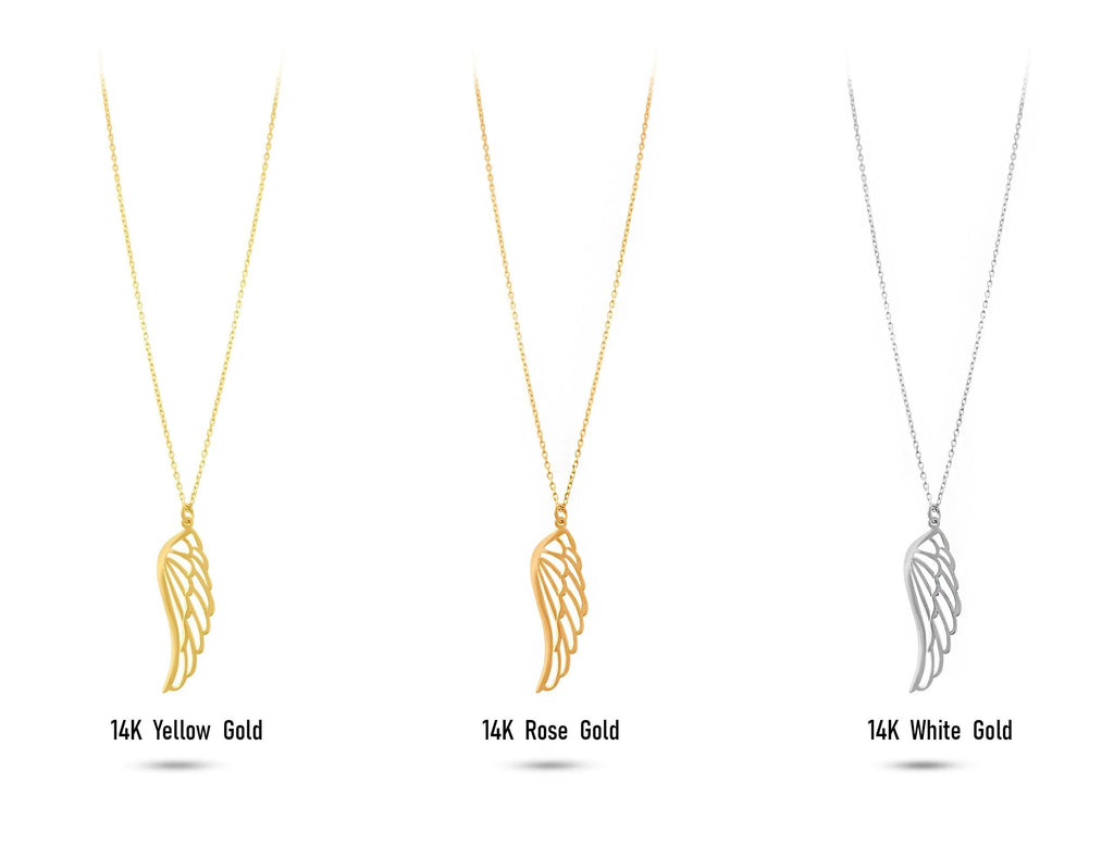 14K Solid Gold Angel Wing Necklace - Dainty Real Gold Pendant