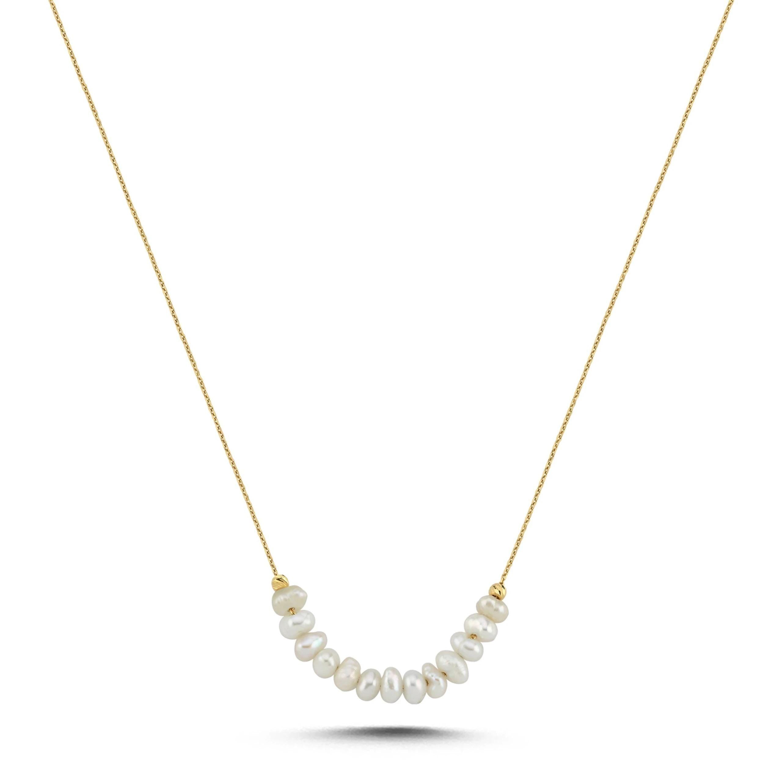 14K Solid Gold Pearl Bar Necklace -  Minimalist Freshwater Pearl Necklace