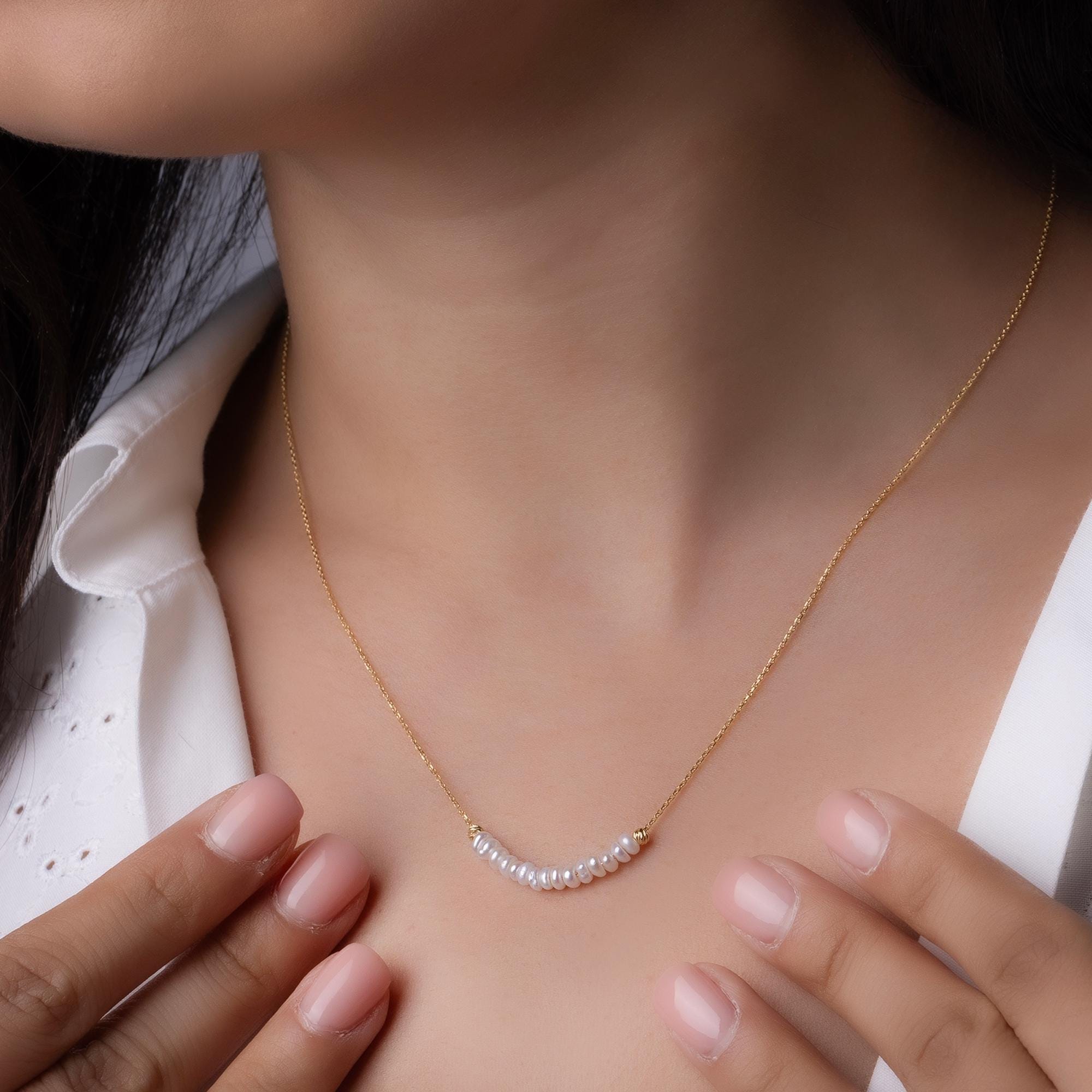 14K Solid Gold Pearl Bar Necklace -  Minimalist Freshwater Pearl Necklace