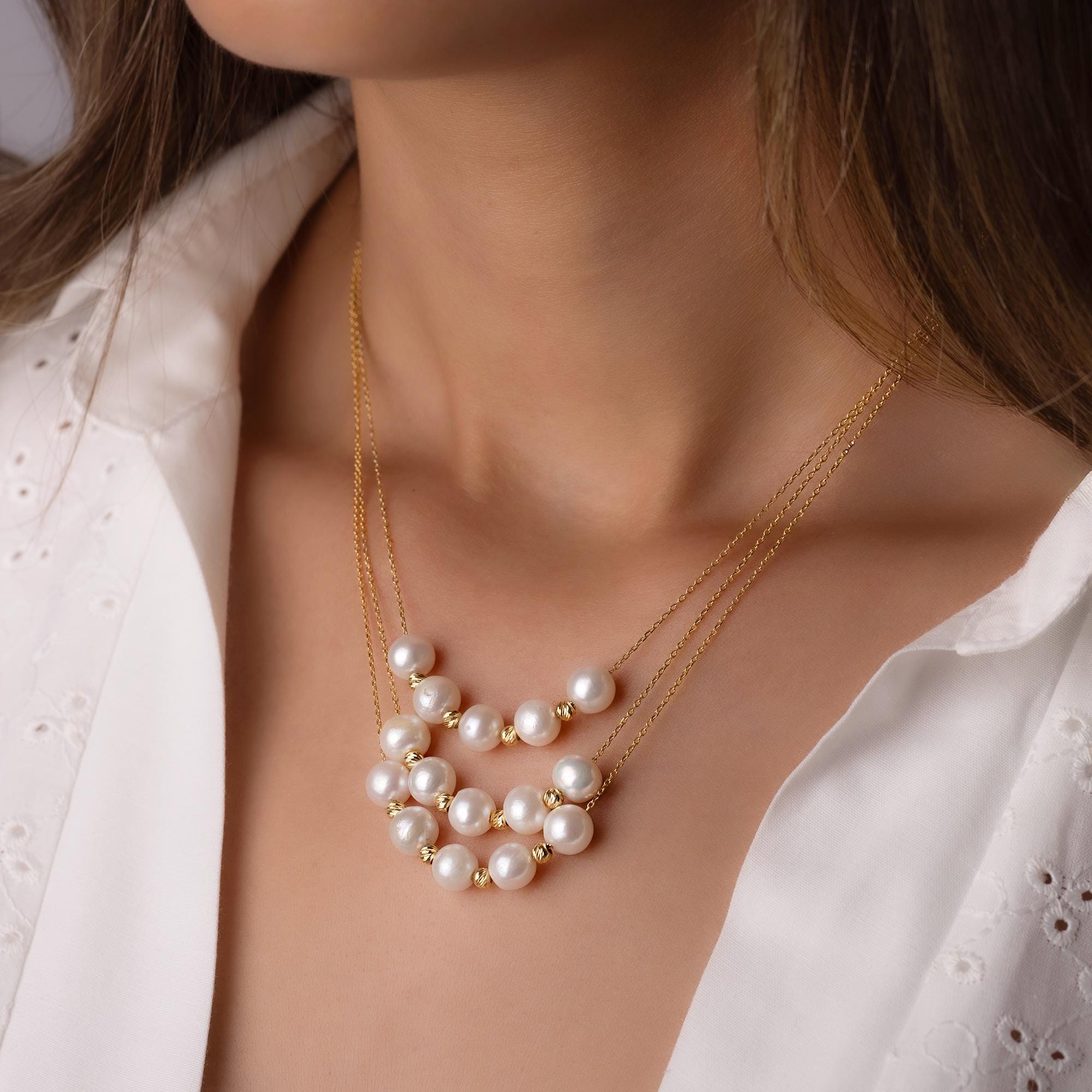 14K Solid Gold Pearl Necklace - Dainty Multi Pearl Jewelry