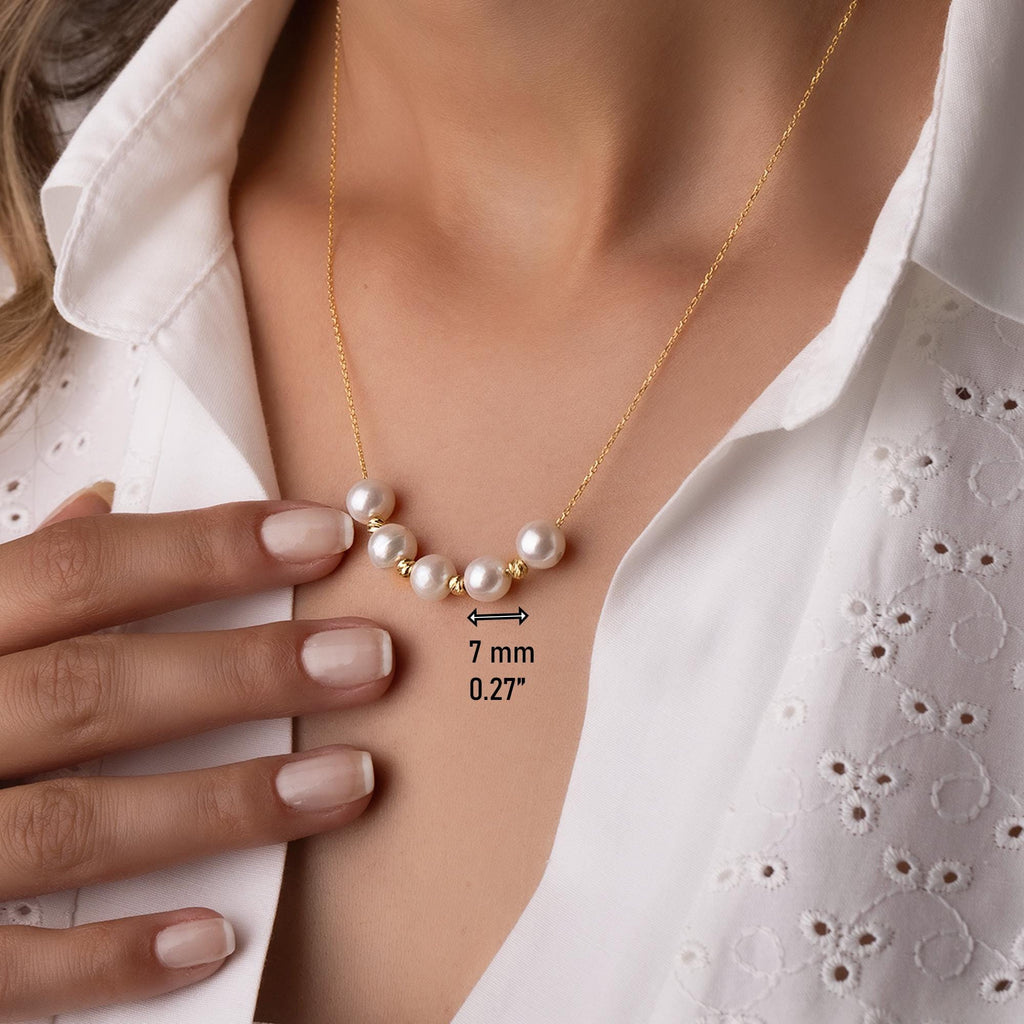 14K Solid Gold Pearl Necklace - Dainty Multi Pearl Jewelry