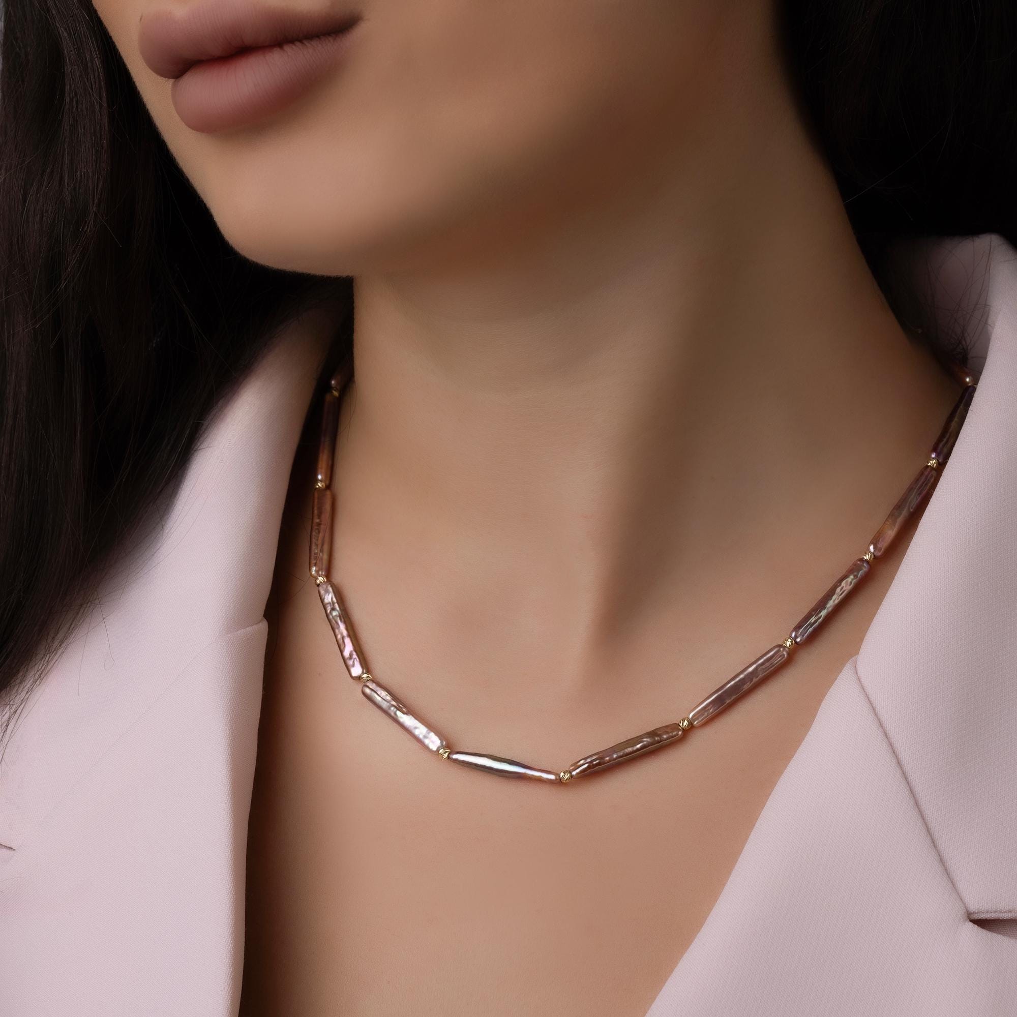 14K Solid Gold Baroque Pearl Necklace - Real Gold Irregular Pearl Chain