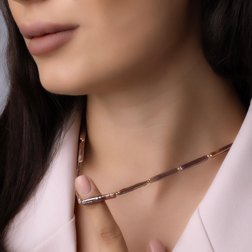 14K Solid Gold Baroque Pearl Necklace - Real Gold Irregular Pearl Chain