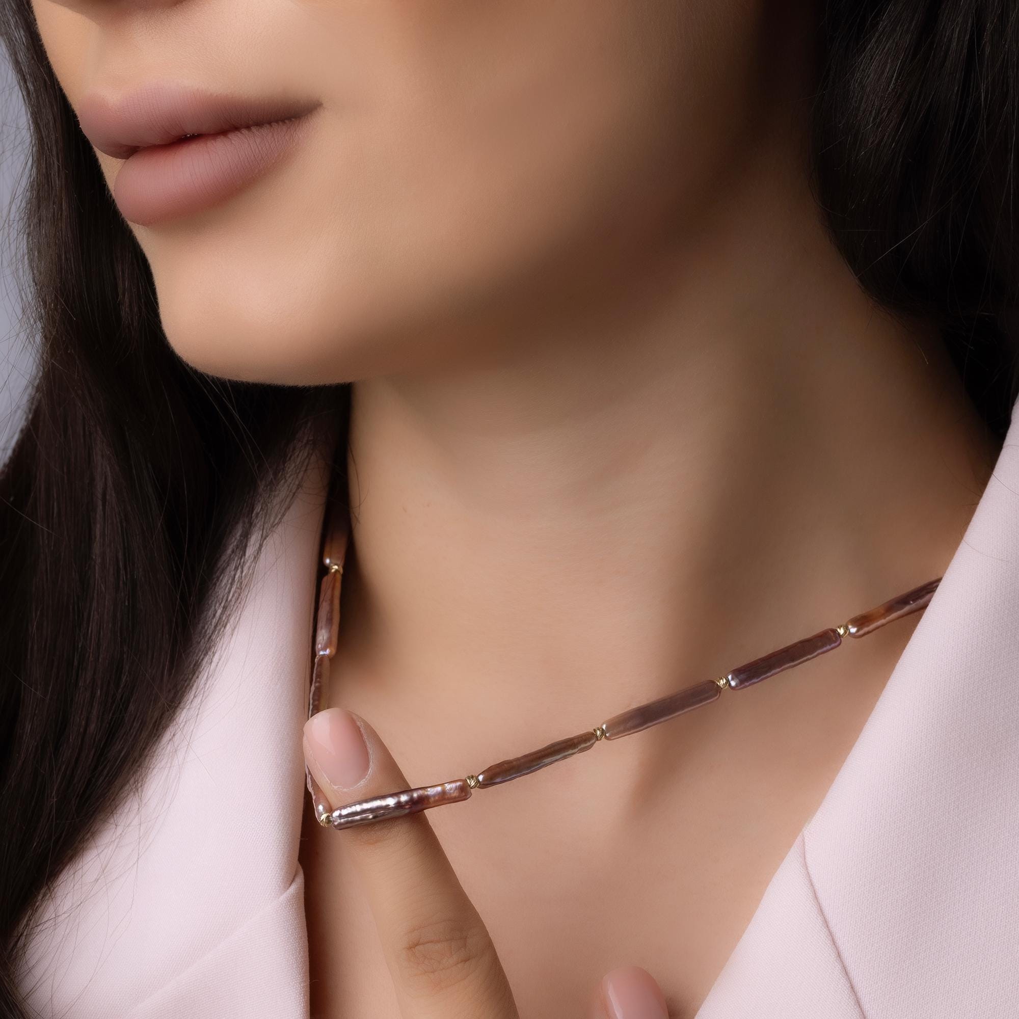 14K Solid Gold Baroque Pearl Necklace - Real Gold Irregular Pearl Chain