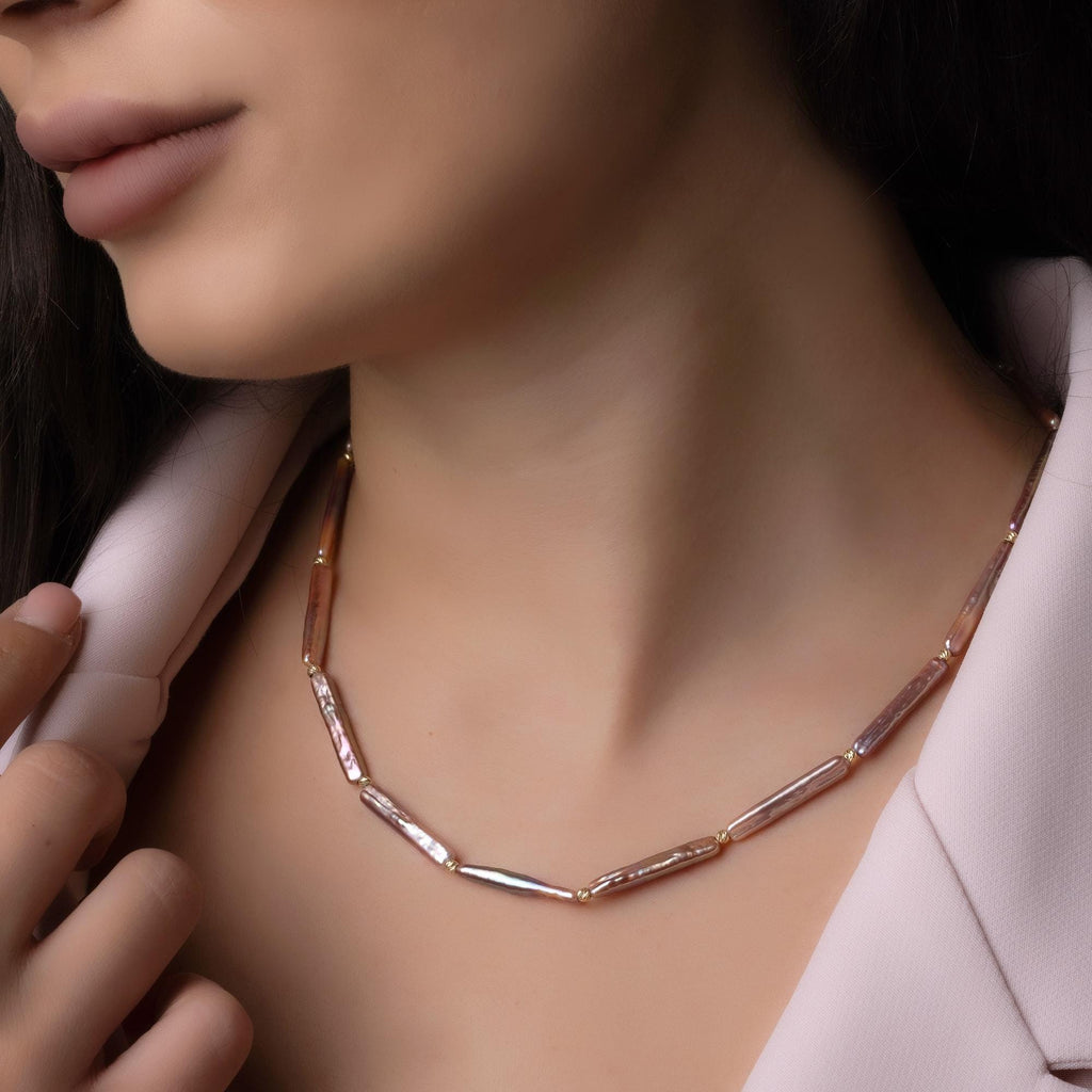 14K Solid Gold Baroque Pearl Necklace - Real Gold Irregular Pearl Chain