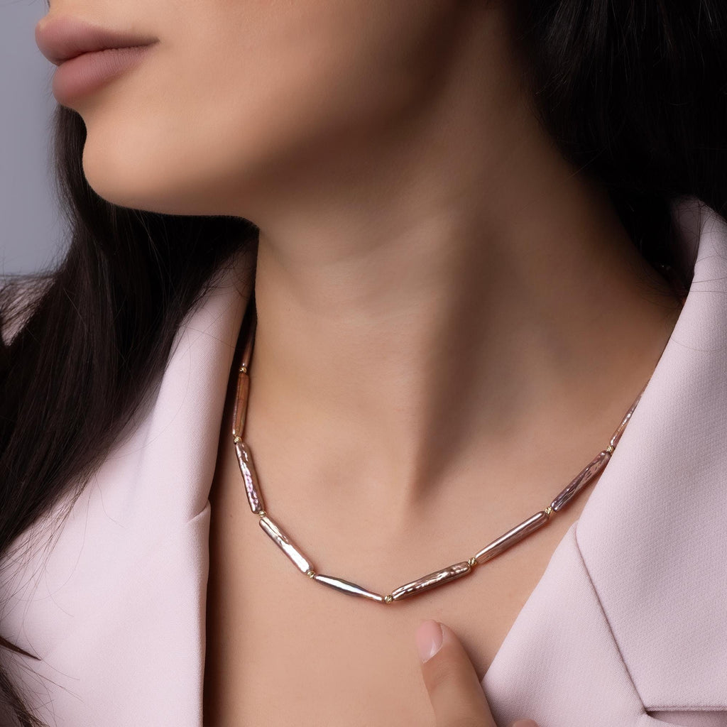 14K Solid Gold Baroque Pearl Necklace - Real Gold Irregular Pearl Chain