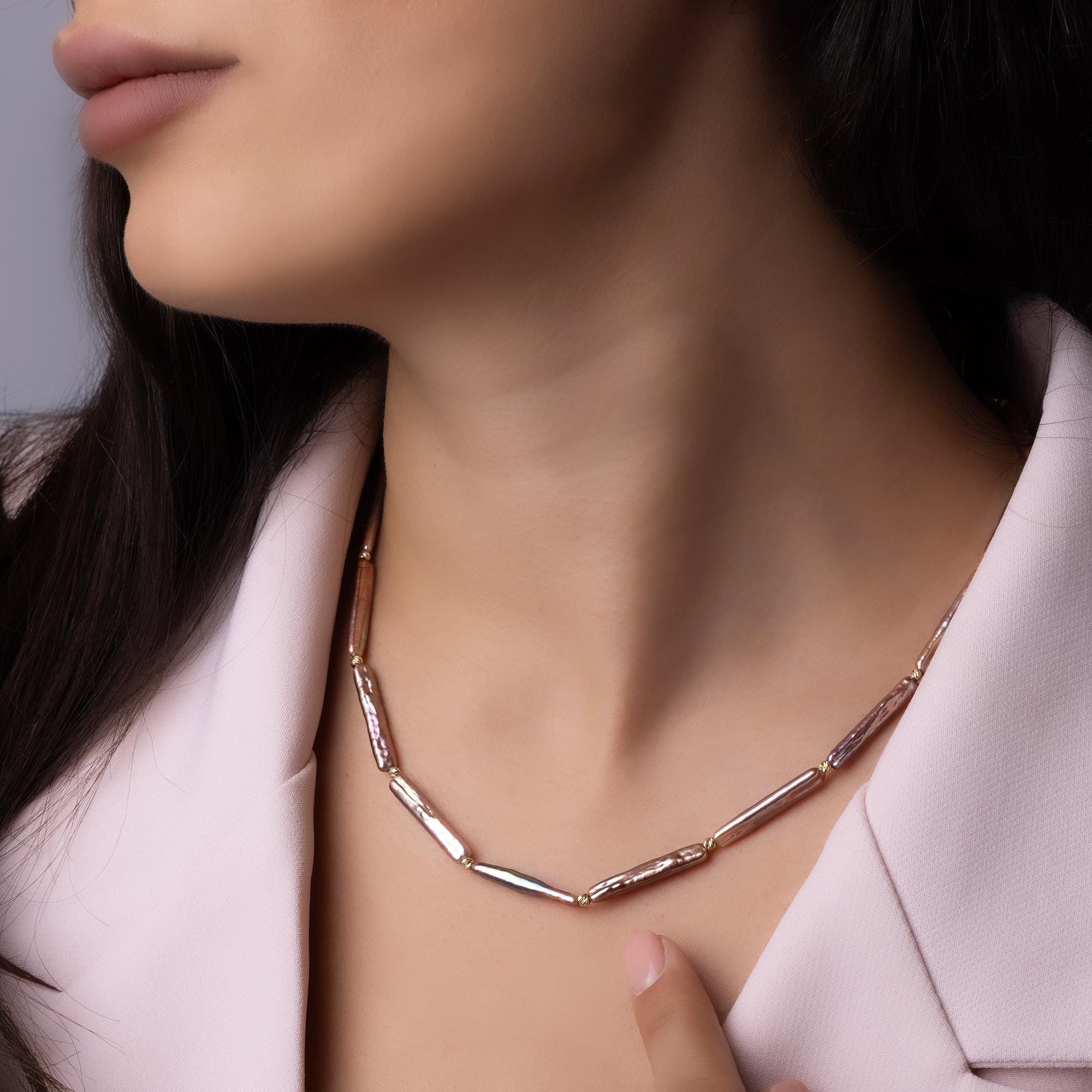 14K Solid Gold Baroque Pearl Necklace - Real Gold Irregular Pearl Chain