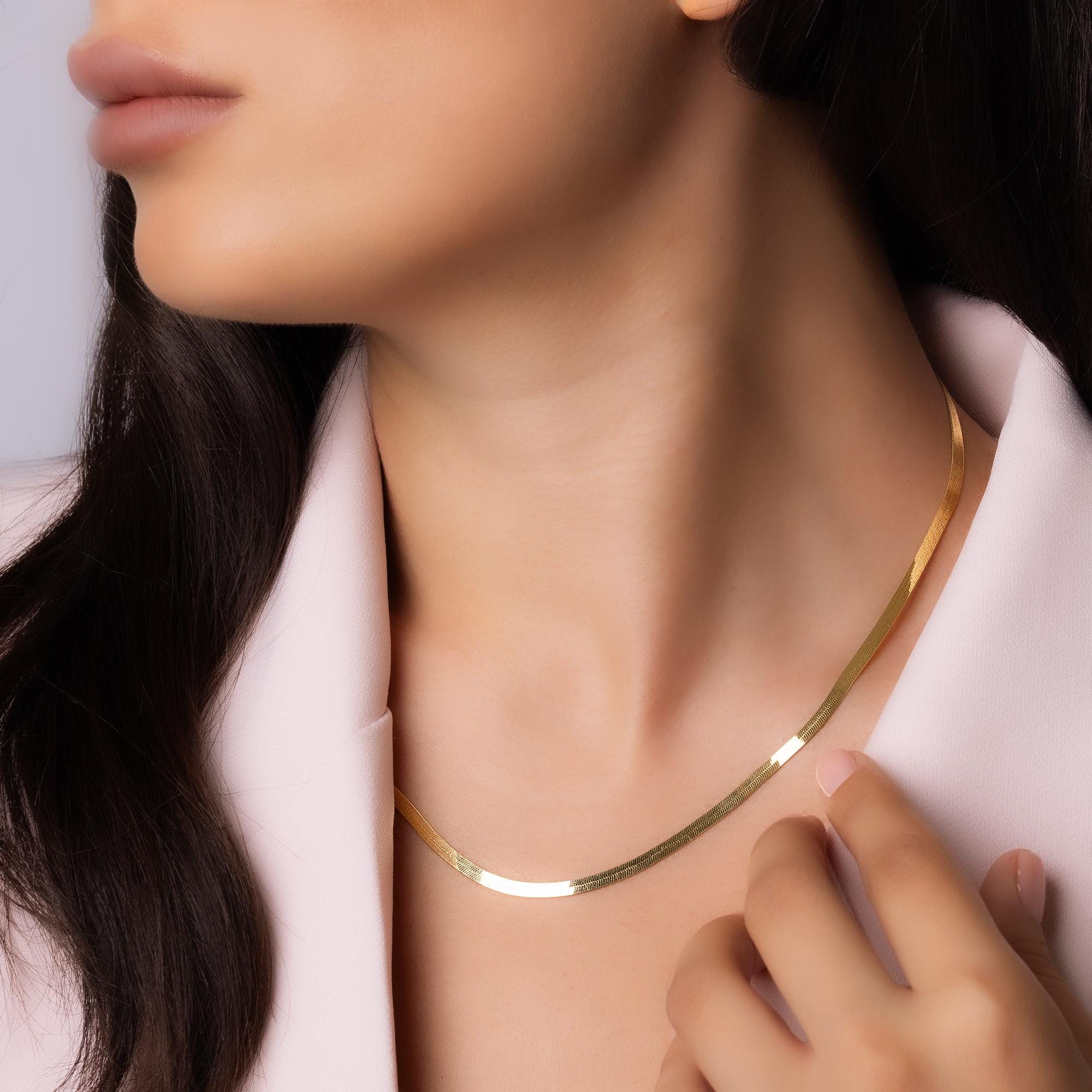 14K Gold Herringbone Necklace - Minimalist Gold Choker Necklace