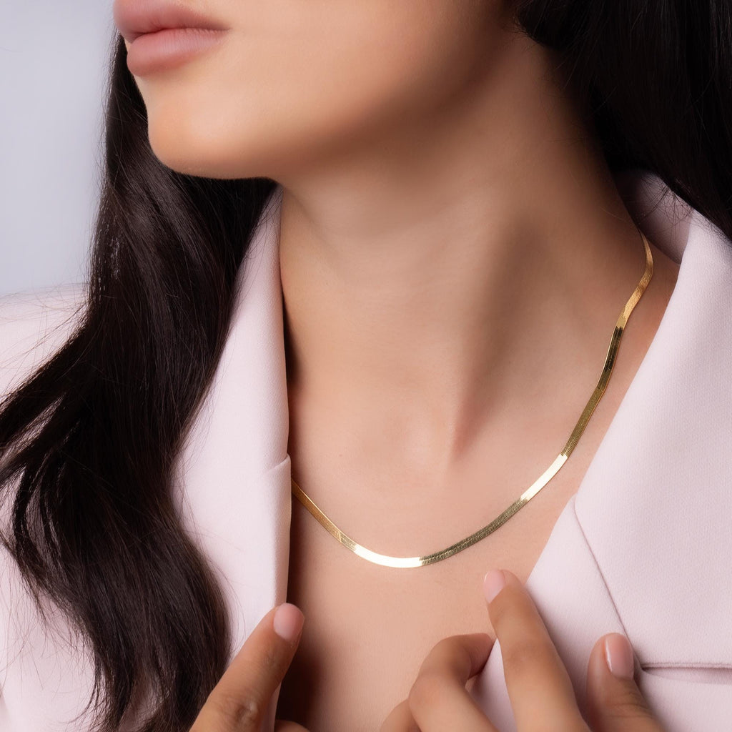 14K Gold Herringbone Necklace - Minimalist Gold Choker Necklace