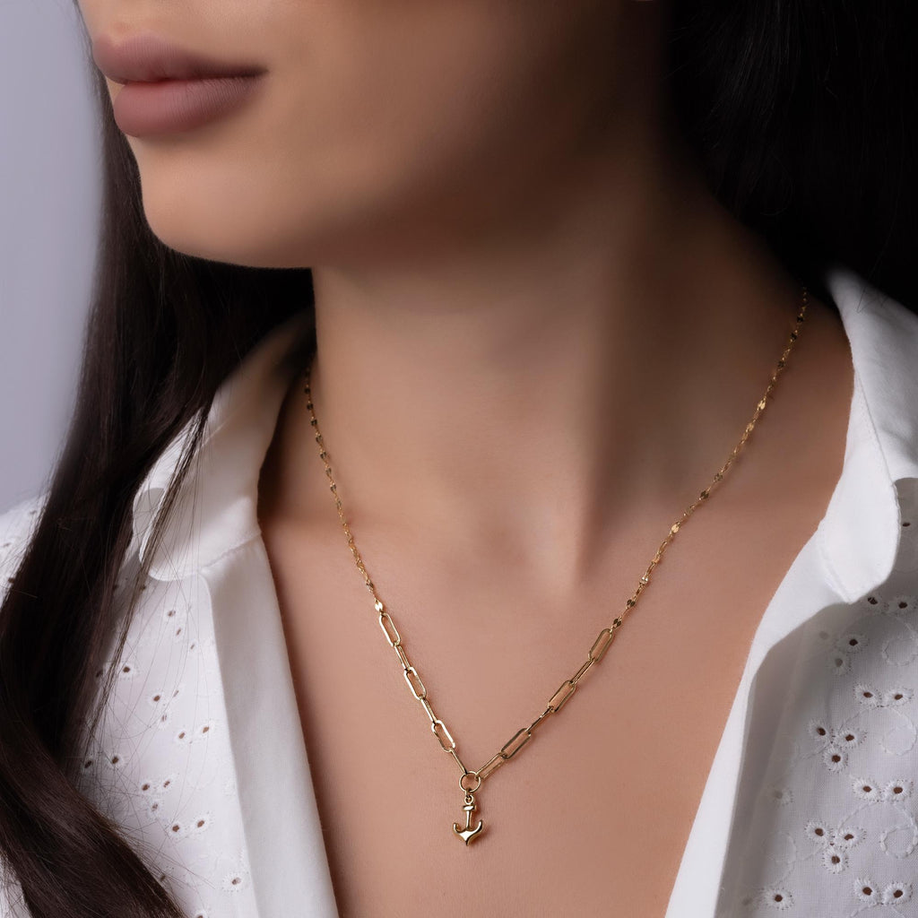 14K Solid Gold Anchor Pendant Necklace - Minimalist Nautical Jewelry