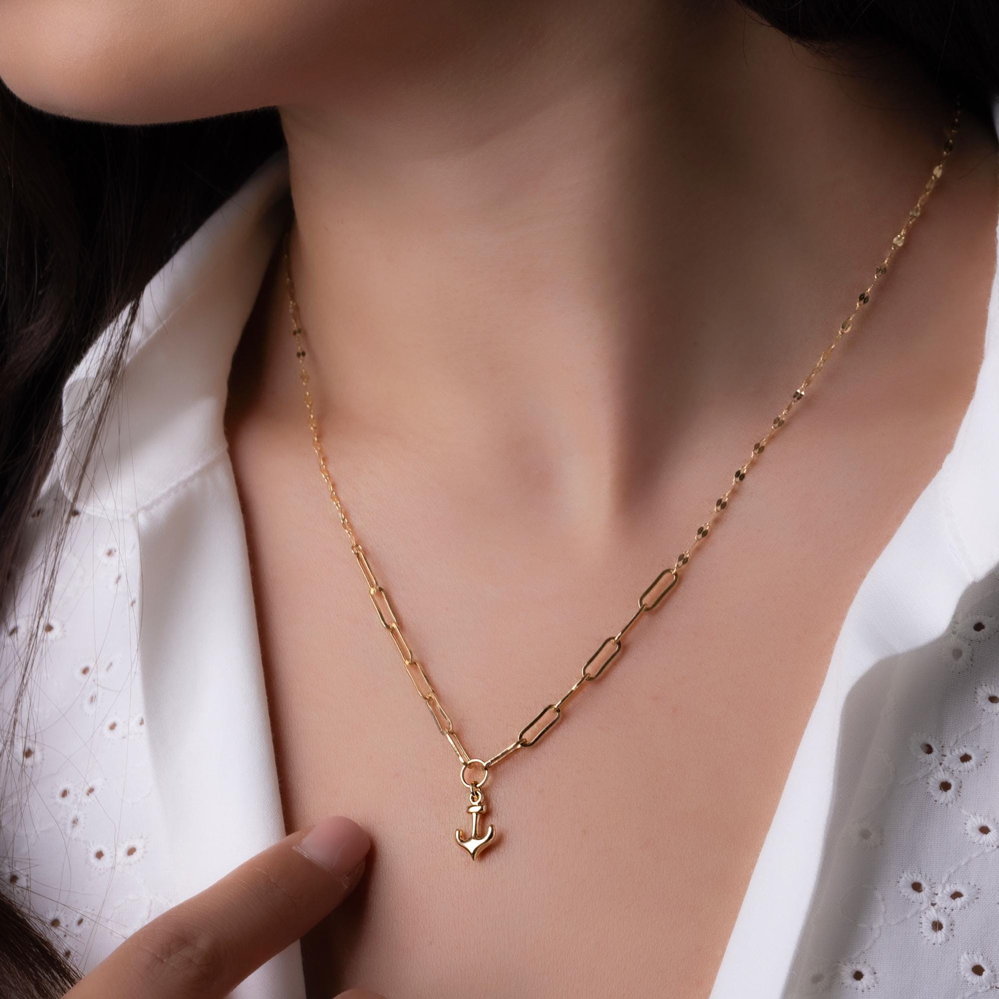 14K Solid Gold Anchor Pendant Necklace - Minimalist Nautical Jewelry