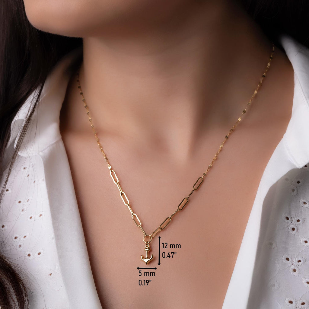 14K Solid Gold Anchor Pendant Necklace - Minimalist Nautical Jewelry