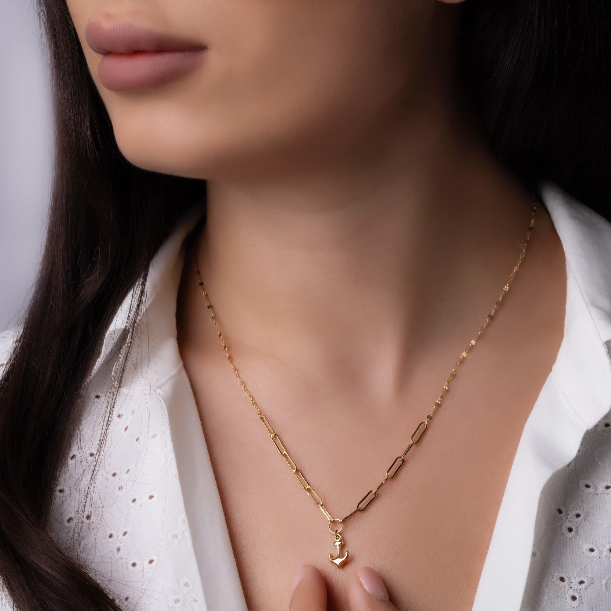 14K Solid Gold Anchor Pendant Necklace - Minimalist Nautical Jewelry