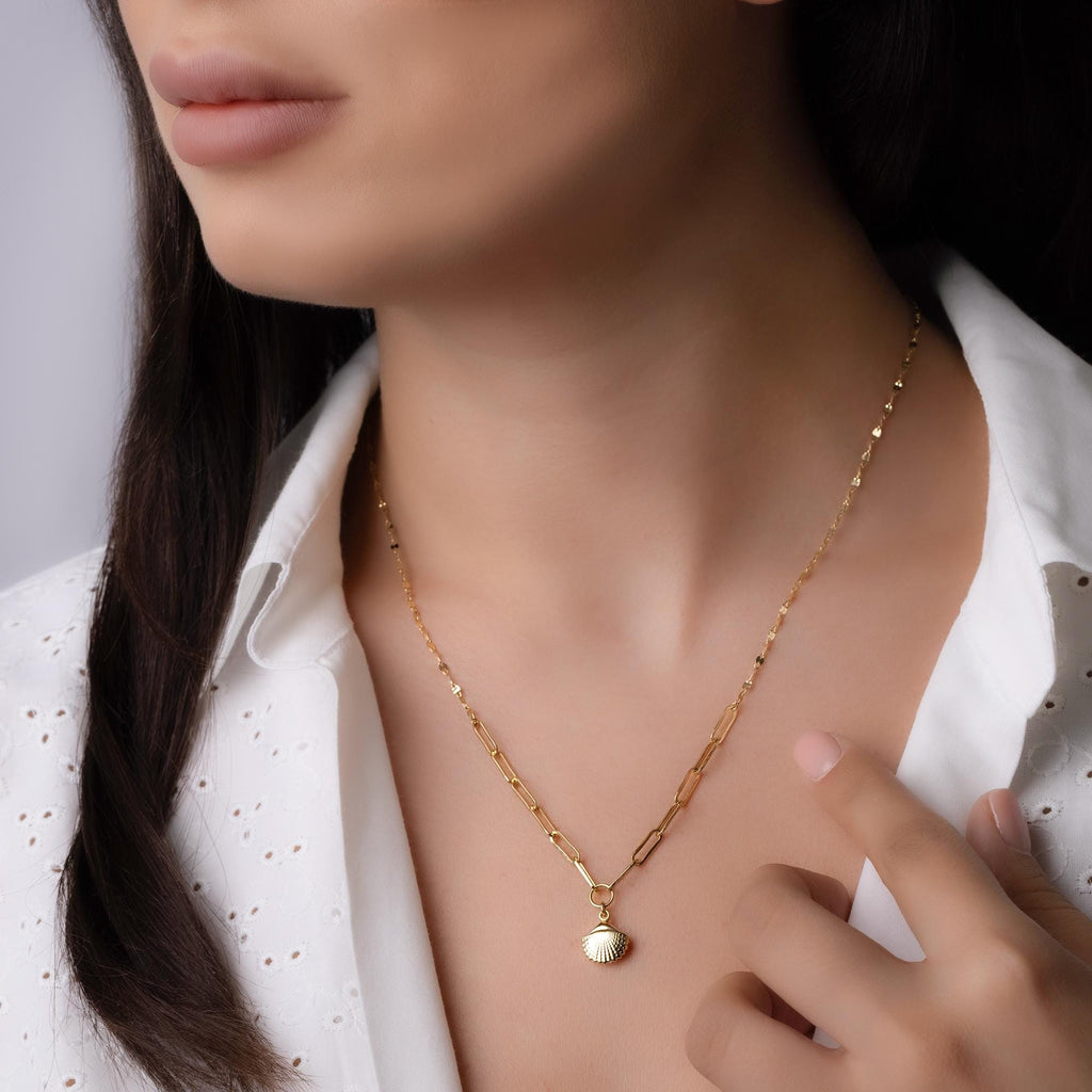 14K Solid Gold Seashell Necklace - Minimalist Ocean Jewelry