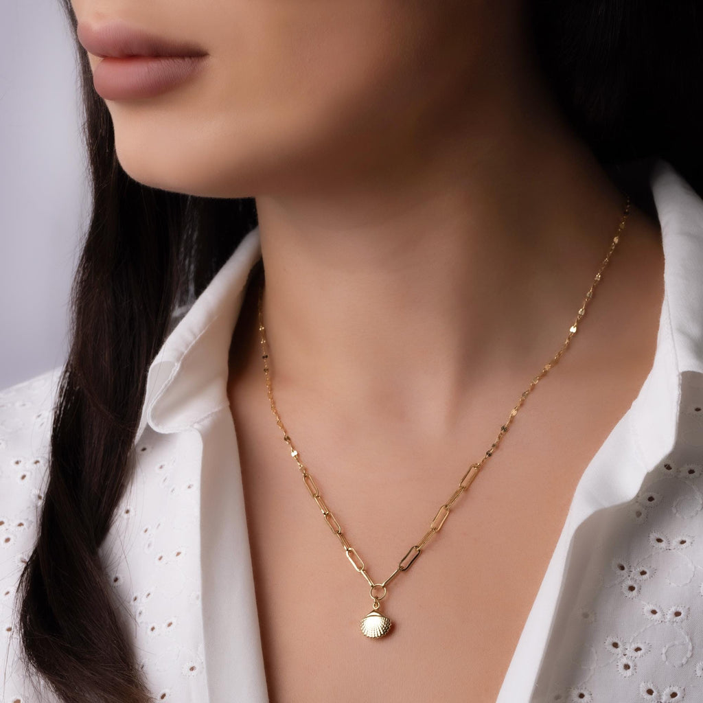 14K Solid Gold Seashell Necklace - Minimalist Ocean Jewelry