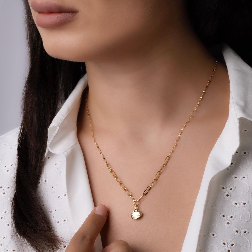 14K Solid Gold Seashell Necklace - Minimalist Ocean Jewelry