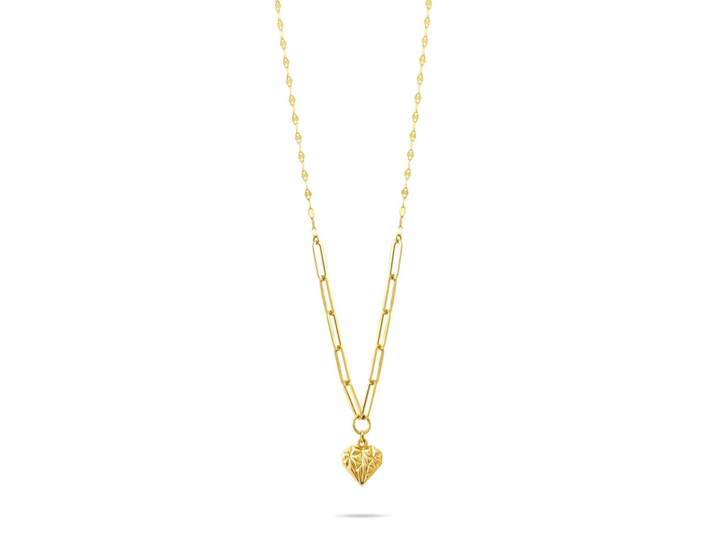 14K Solid Gold Heart Necklace - Real Gold Paperclip Chain