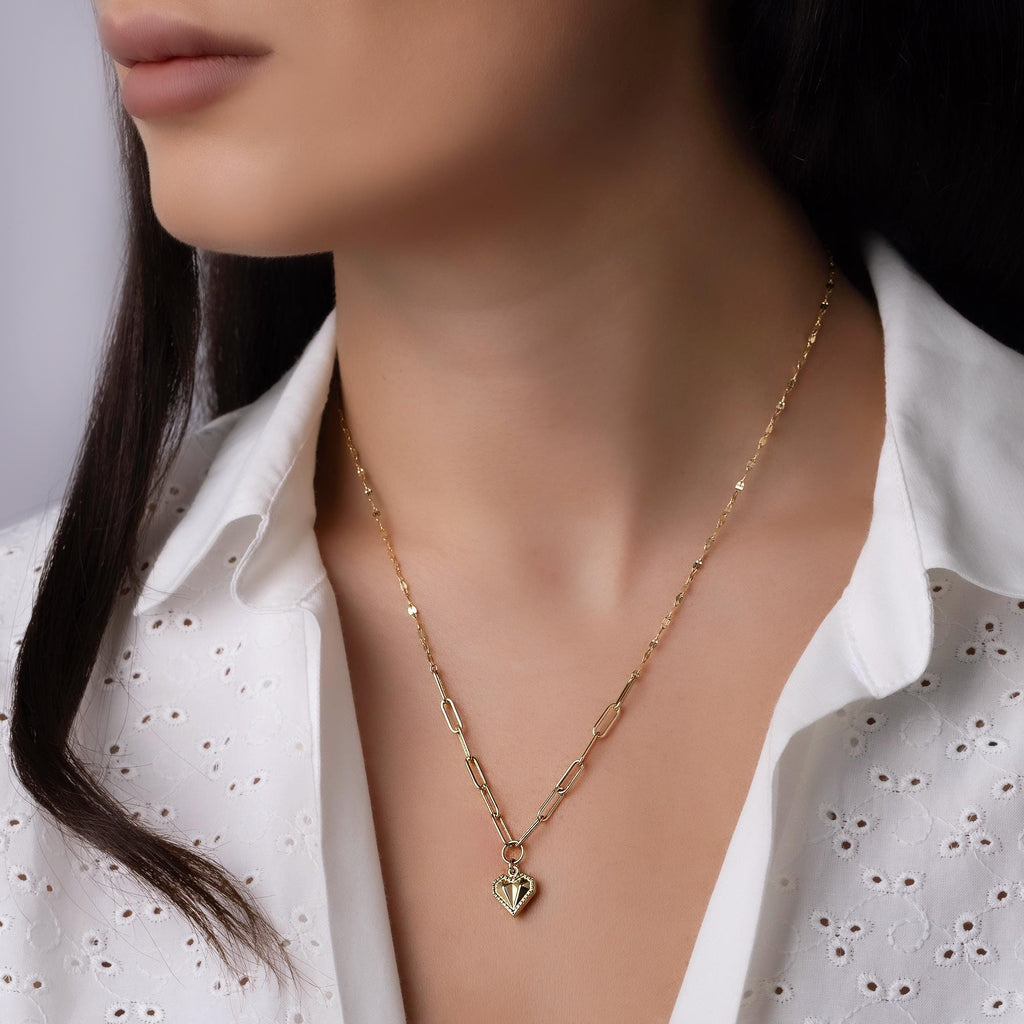 14K Solid Gold Heart Necklace - Real Gold Paperclip Chain