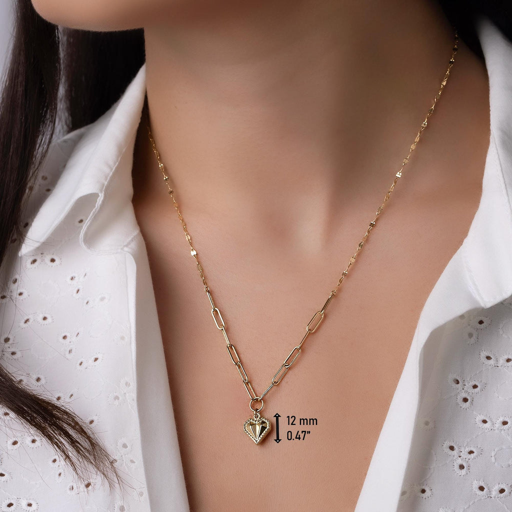 14K Solid Gold Heart Necklace - Real Gold Paperclip Chain