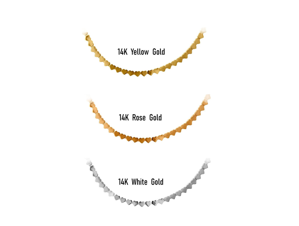 14K Solid Gold Heart Choker Necklace - Real Gold Linked Hearts Chain