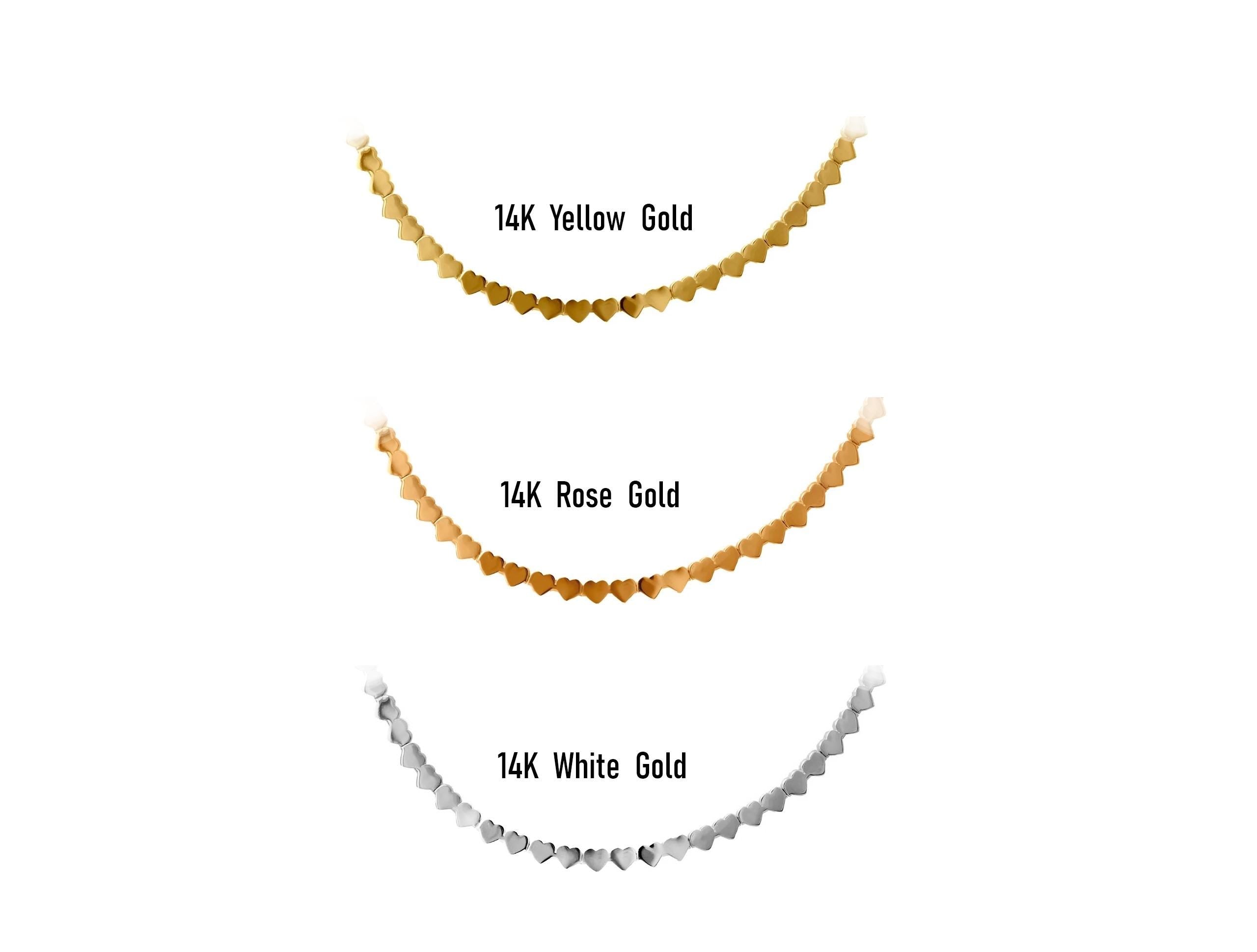 14K Solid Gold Heart Choker Necklace - Real Gold Linked Hearts Chain