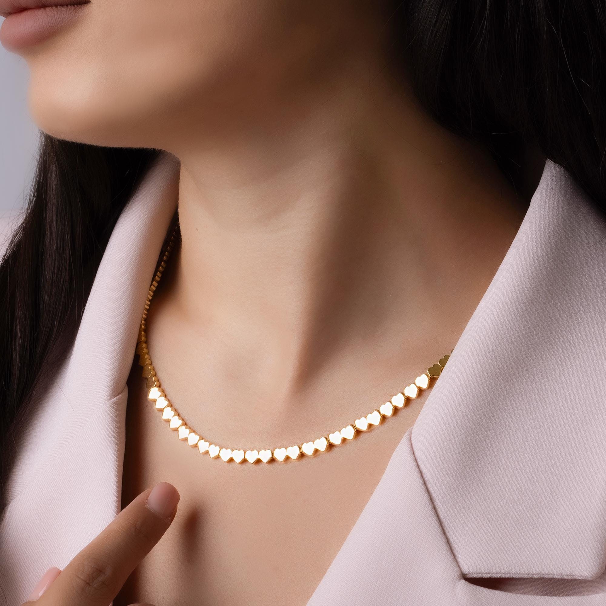 14K Solid Gold Heart Choker Necklace - Real Gold Linked Hearts Chain