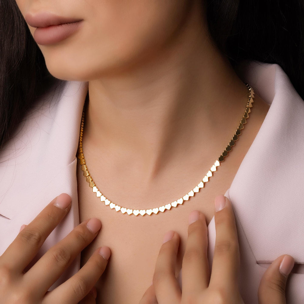 14K Solid Gold Heart Choker Necklace - Real Gold Linked Hearts Chain