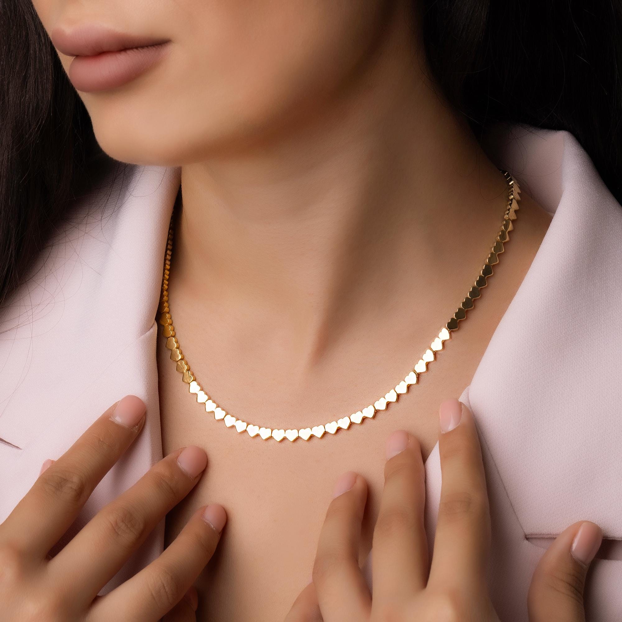 14K Solid Gold Heart Choker Necklace - Real Gold Linked Hearts Chain