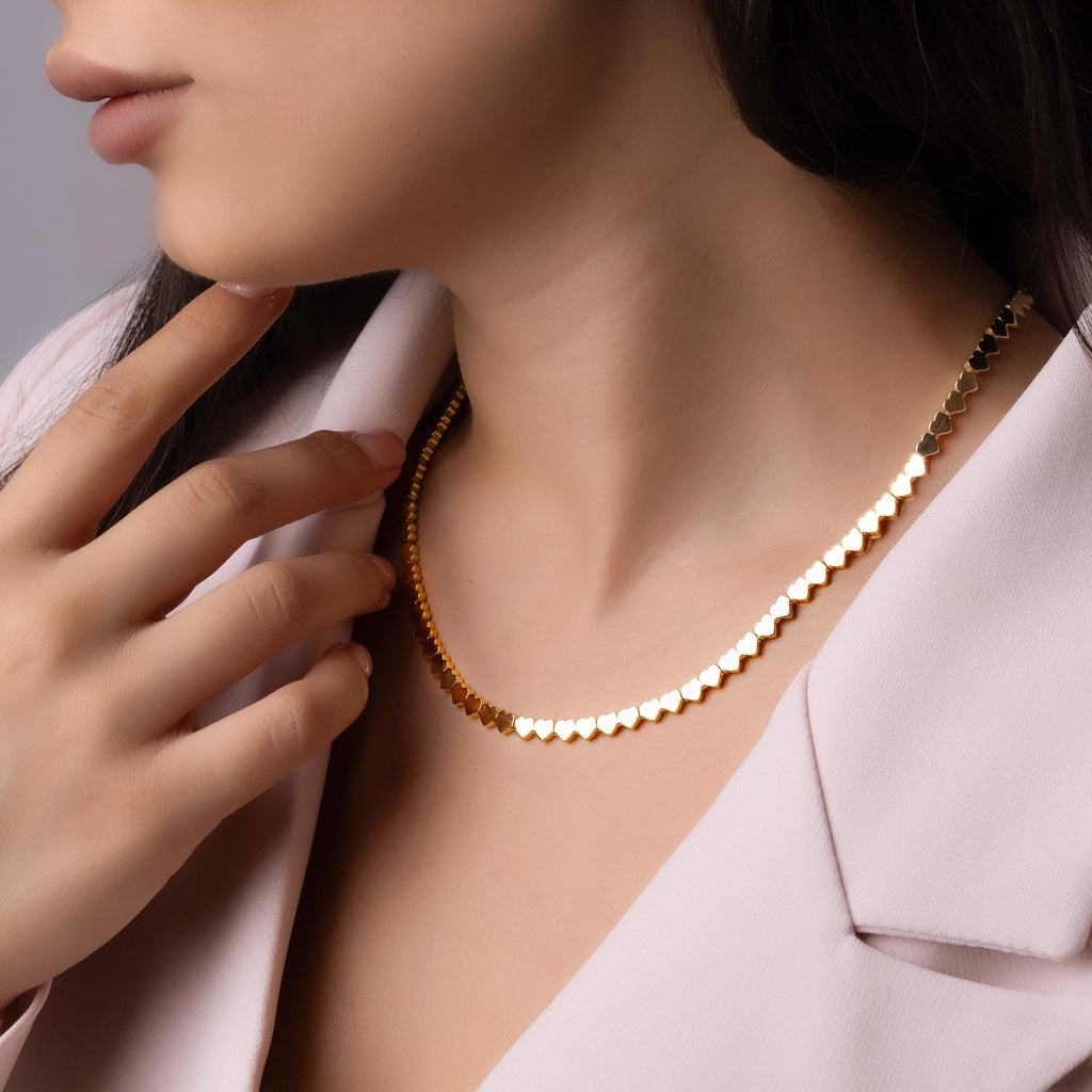 14K Solid Gold Heart Choker Necklace - Real Gold Linked Hearts Chain